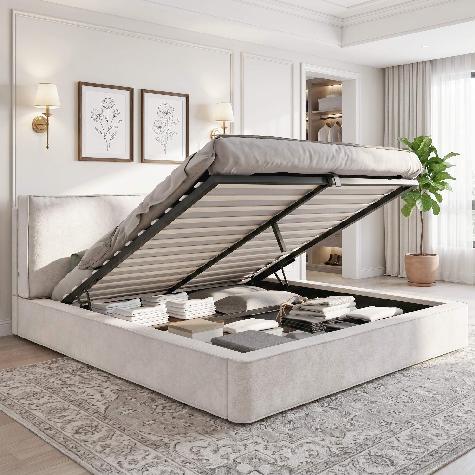 Double Ottoman Storage Bed Frame 4FT6 135 X 190 Cm , Upholstered With Spacious