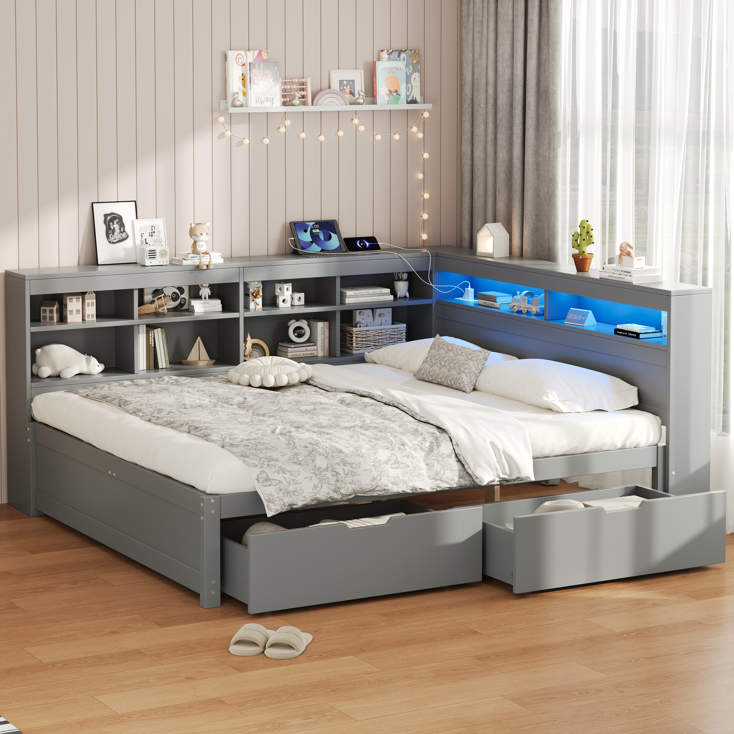 4ft6 Double Daybed With Two Storage Drawers And Beside LED Modern Bed Frame — image 3