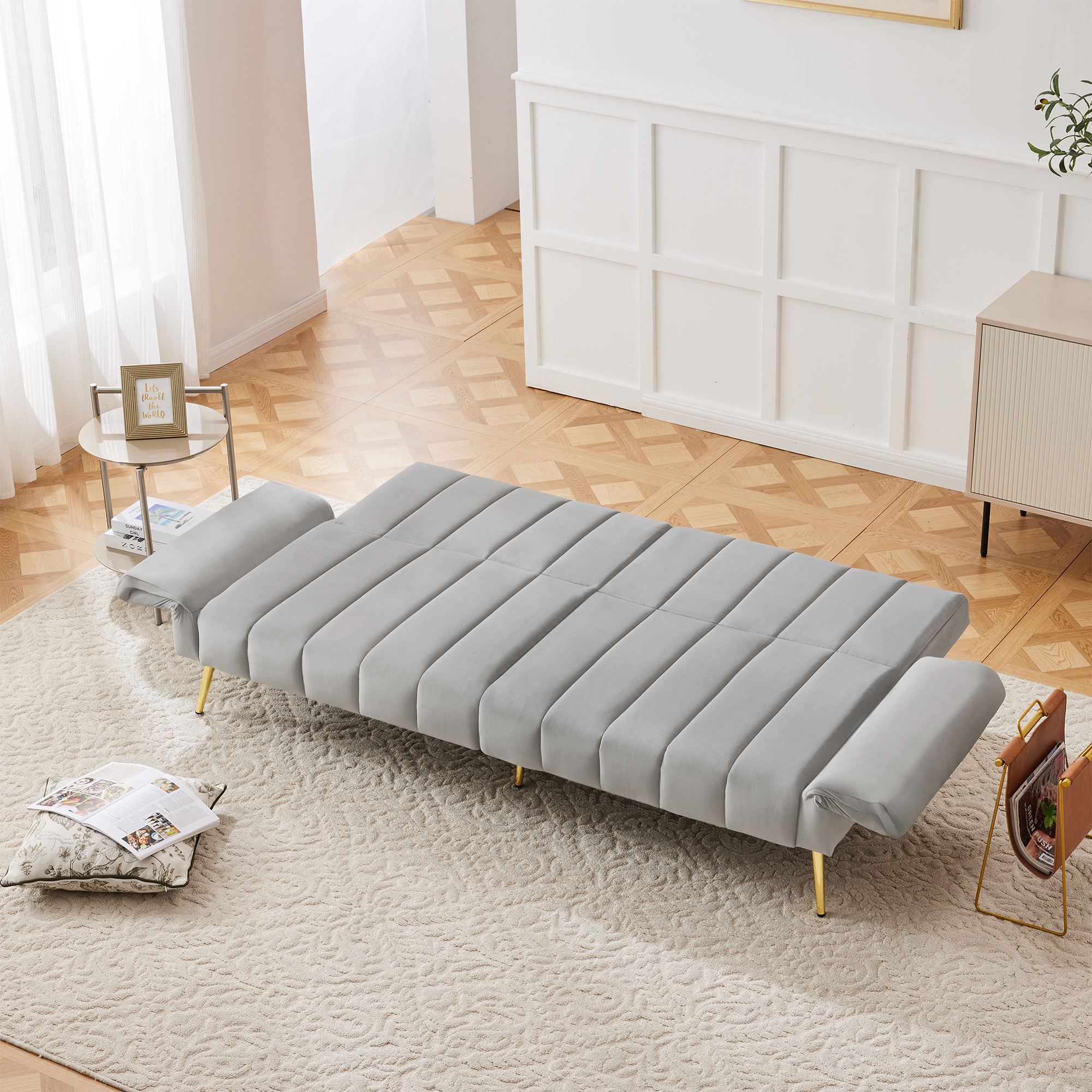 Modern Adjustable Velvet Sofa Bed With Multi Position Backrest & Armrests — image 5