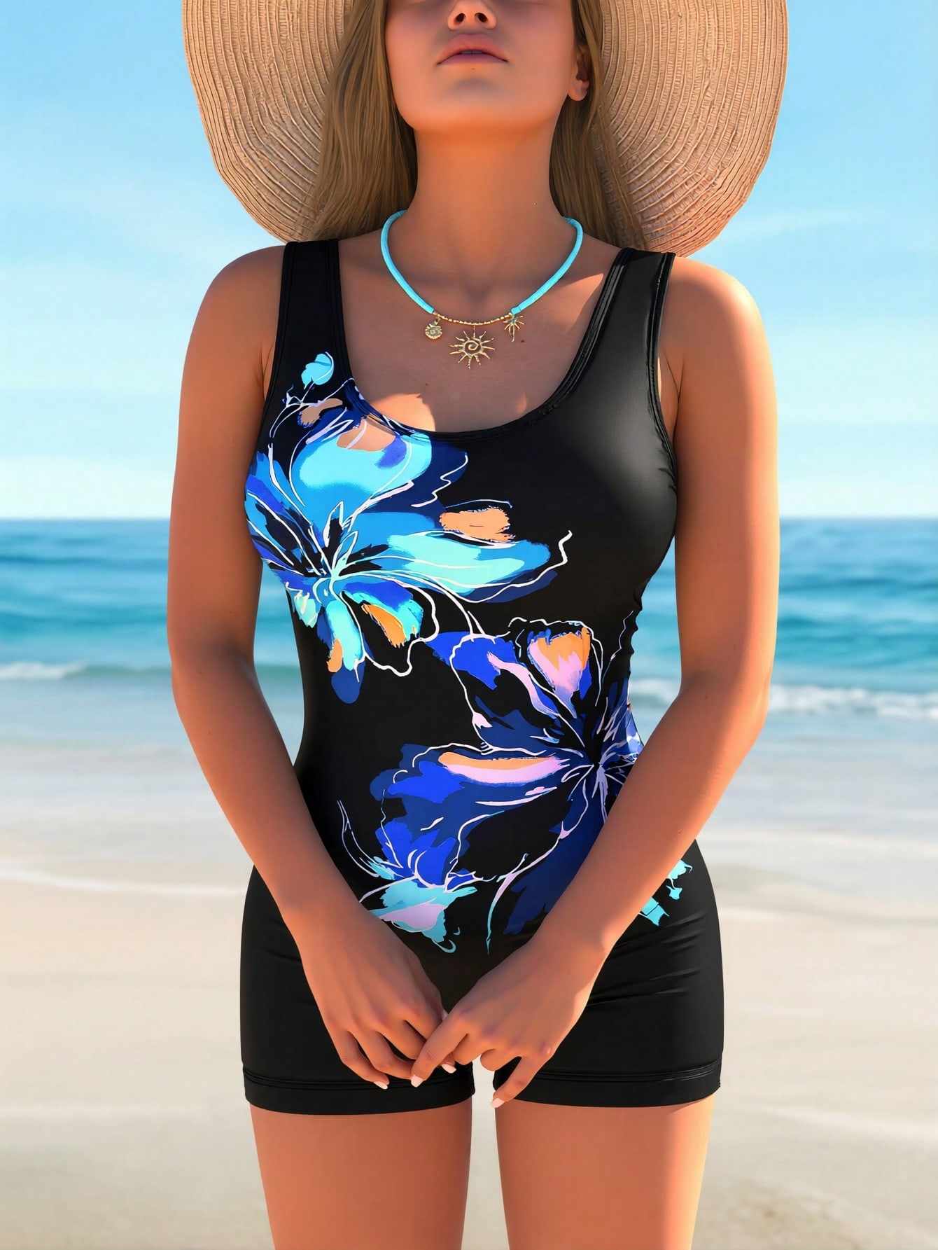 2026 New Black Base With Blue Floral Print One-Piece Boyleg Swimsuit, Scoop Neck Tummy Control Sport Bathing Suit — foto 3