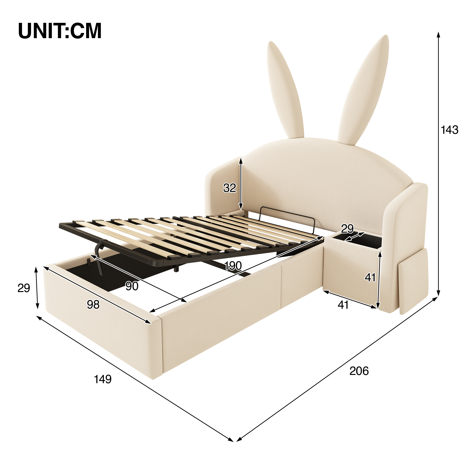 Bunny Ears Kids Bed, Single Upholstered With Hydraulic Storage & Nightstand — image 3