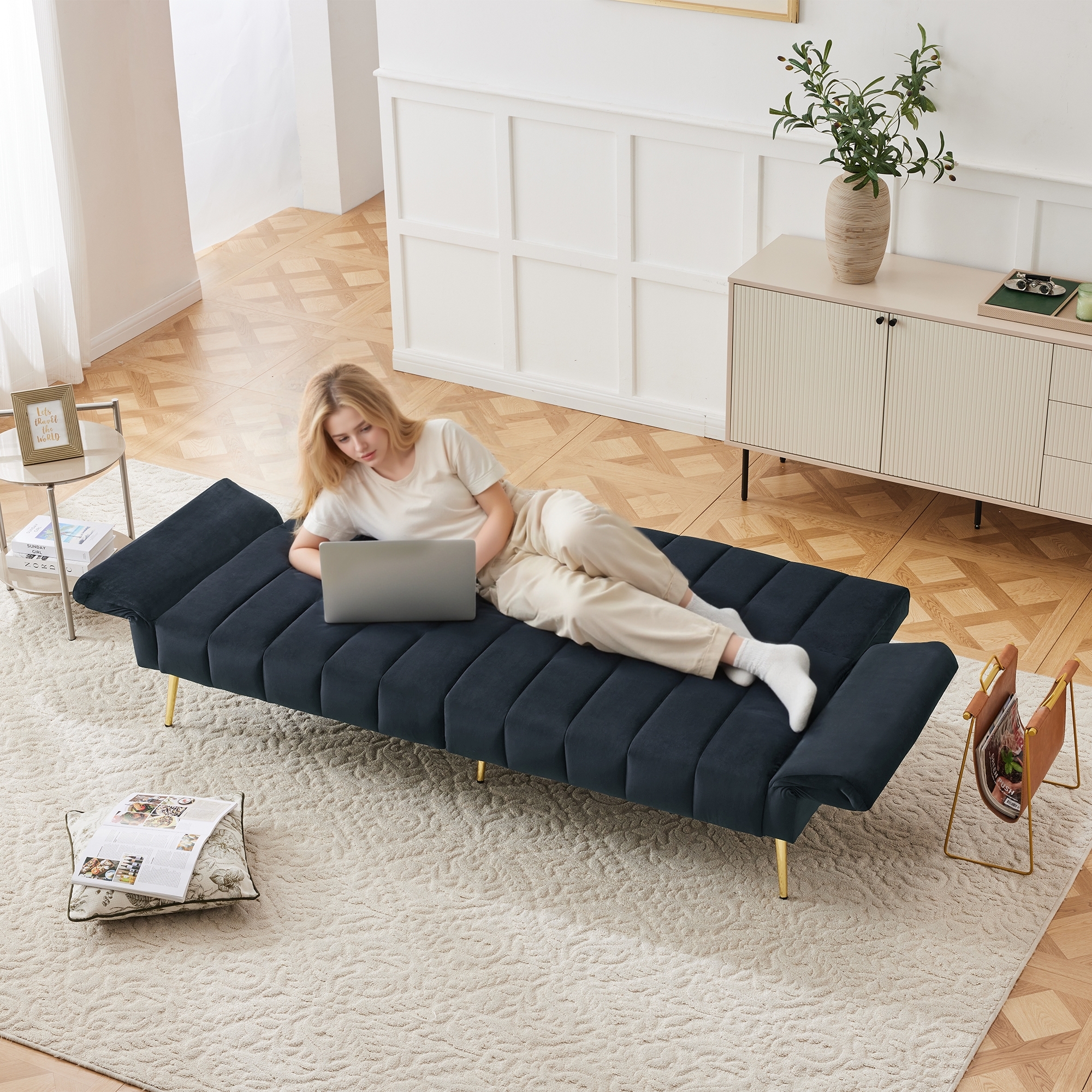 Modern Adjustable Velvet Sofa Bed With Multi Position Backrest & Armrests — image 5