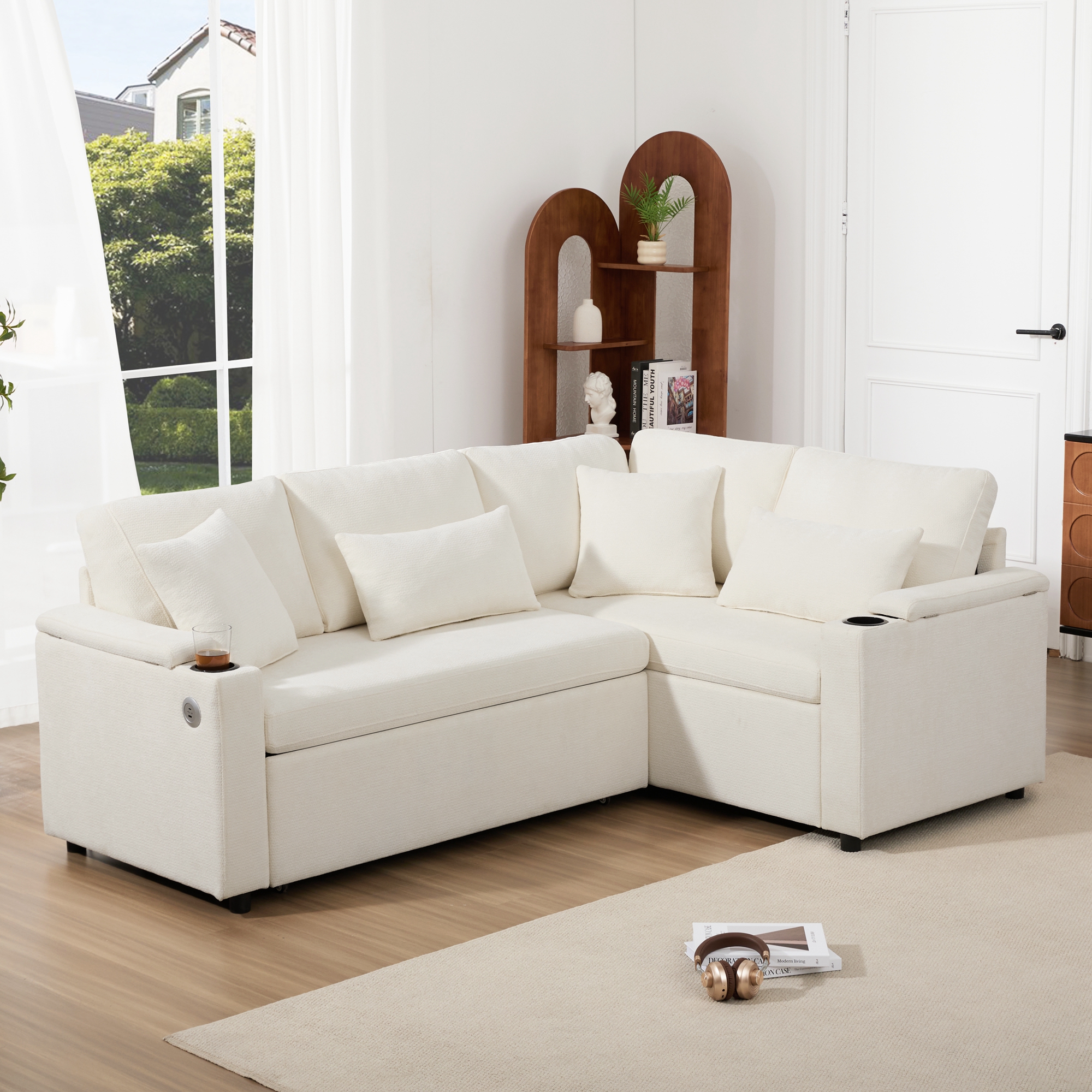 L Shaped Extendable Convertible Corner Sofa With Storage, Cup Holders, USB — image 2