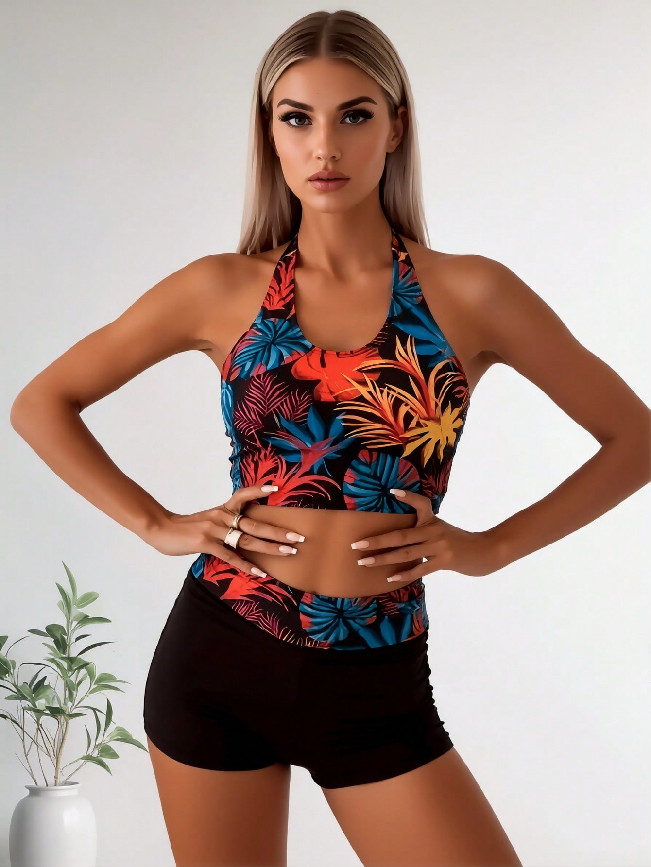 2026 New Tropical Leaf Print Halter Tankini Set, Crop Top & High Waist Solid Boy Shorts Swimwear — foto 4