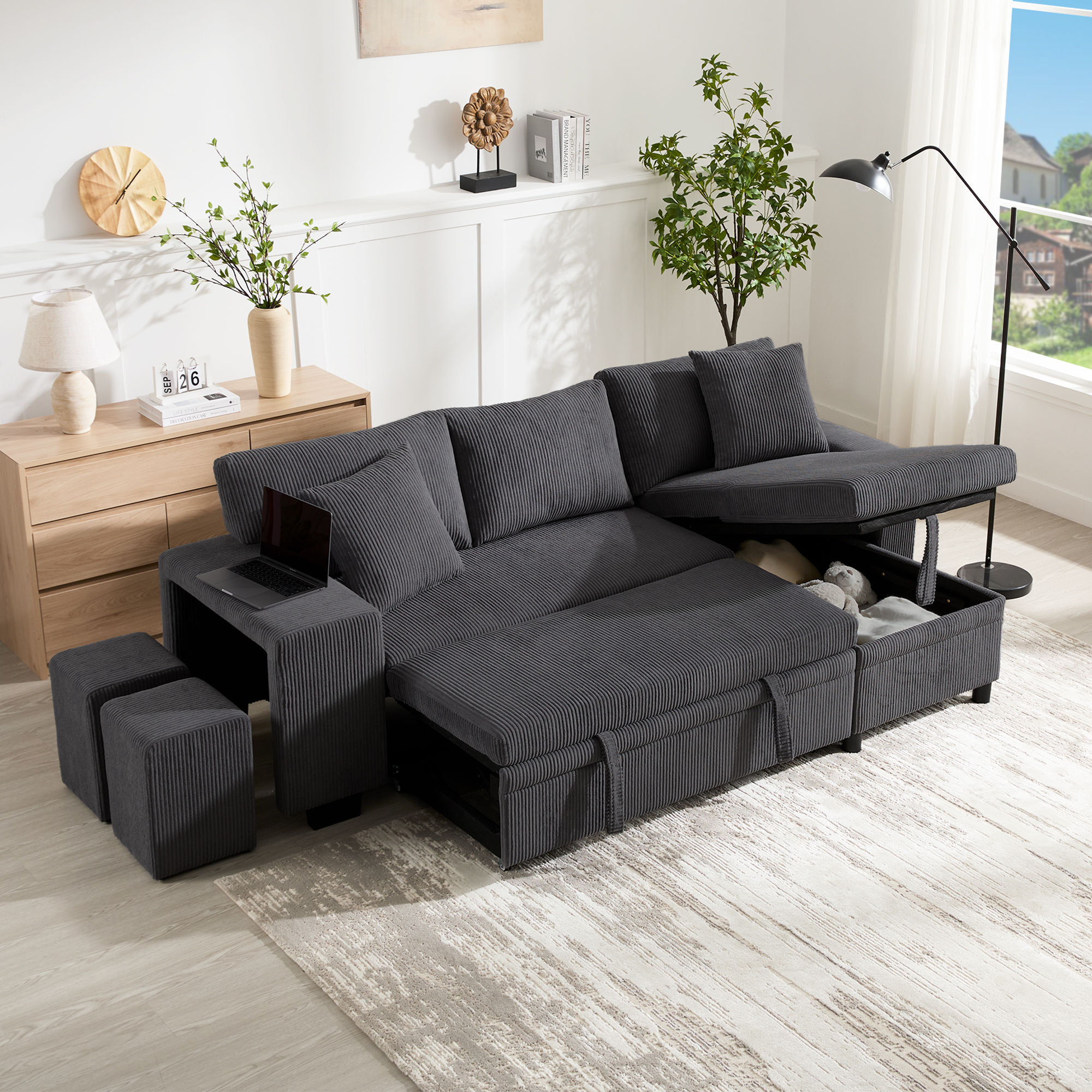 L Shaped Convertible Corner Sofa Bed With Pull Out Design, 2 Pillows & 2 — image 3