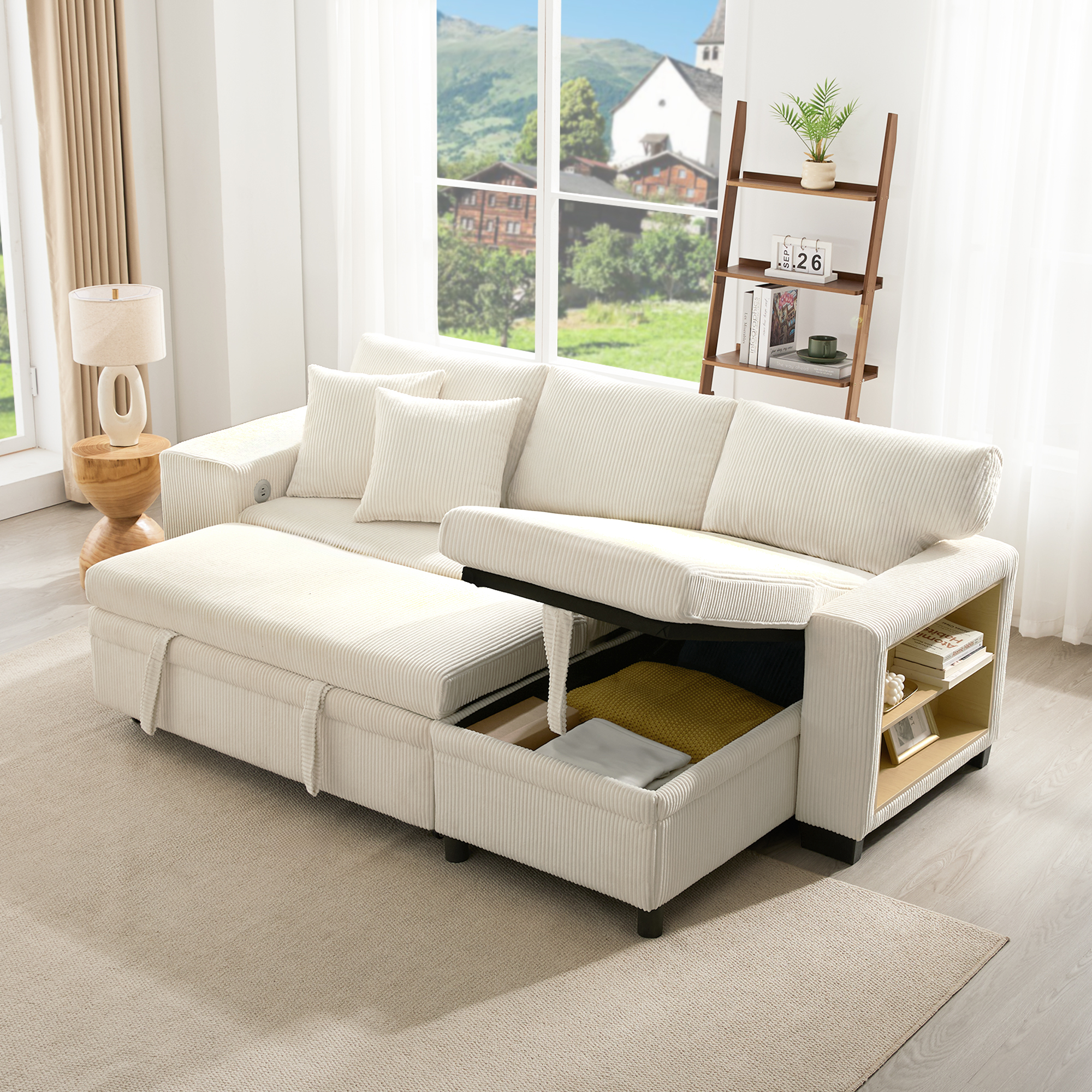 L Shaped Convertible Corner Sofa Bed With Pull Out Design, 2 Pillows & 2 — image 2