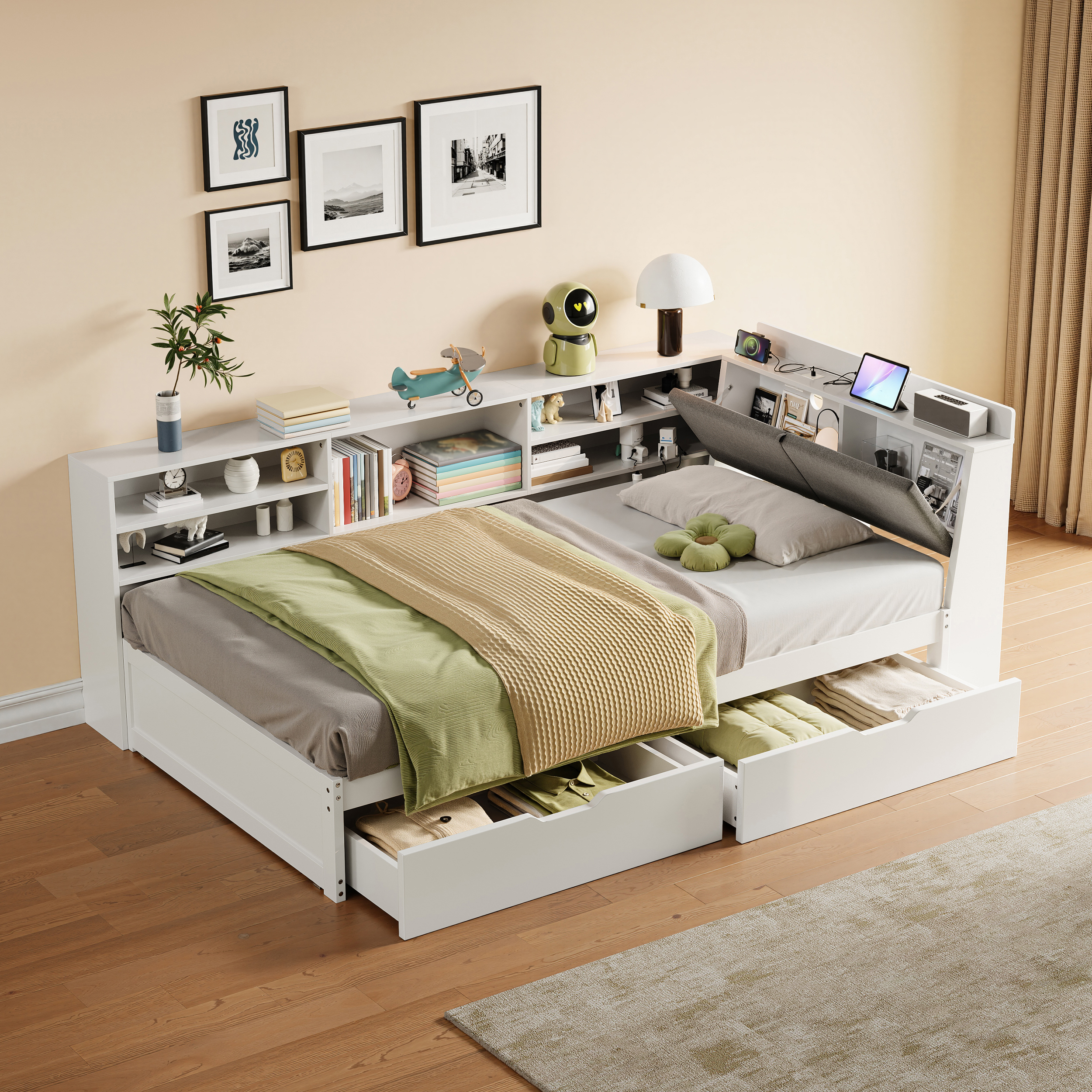 3ft Single L-Shape Daybed With Two Storage Drawers And Bookcase Linen Concealed
