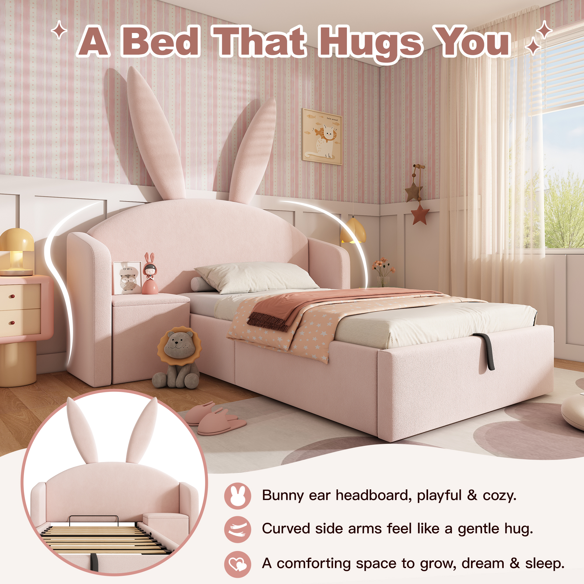 Bunny Ears Kids Bed, Single Upholstered With Hydraulic Storage & Nightstand — image 5
