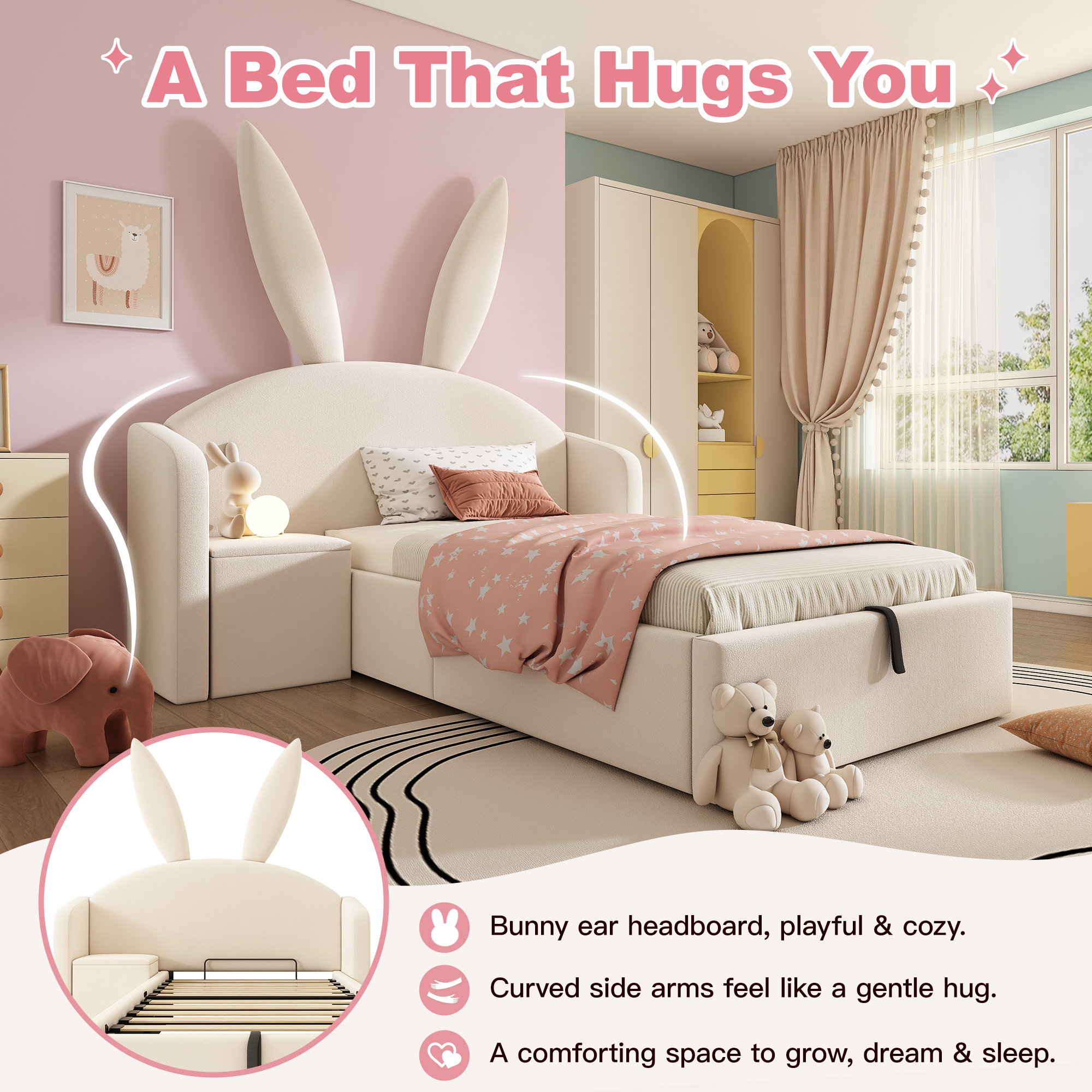 Bunny Ears Kids Bed, Single Upholstered With Hydraulic Storage & Nightstand — image 5