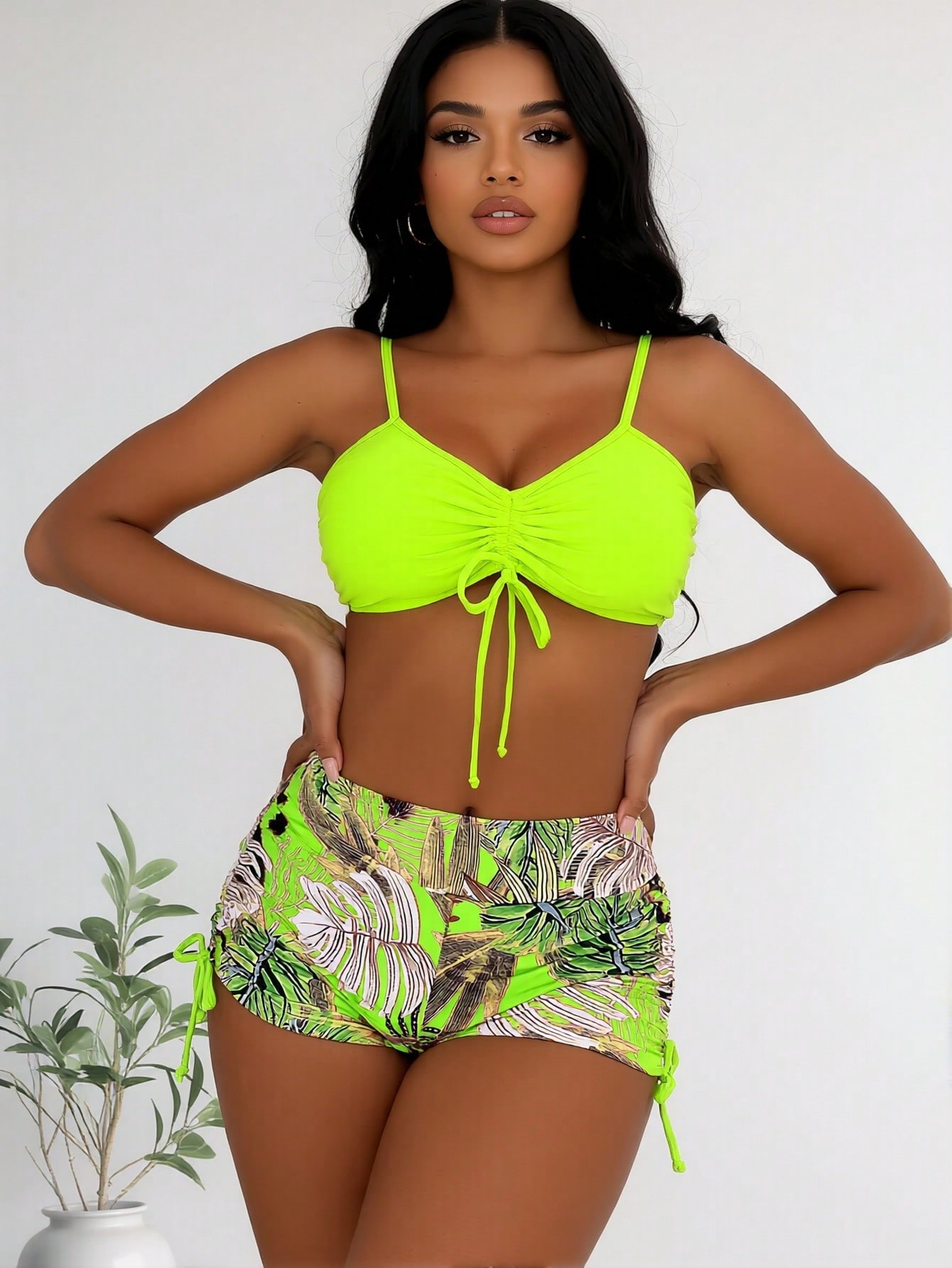 2026 New Neon Green Front Tie Bikini Top & Tropical Leaf Print Side Drawstring High Waist Shorts Two Piece Swimsuit — foto 3