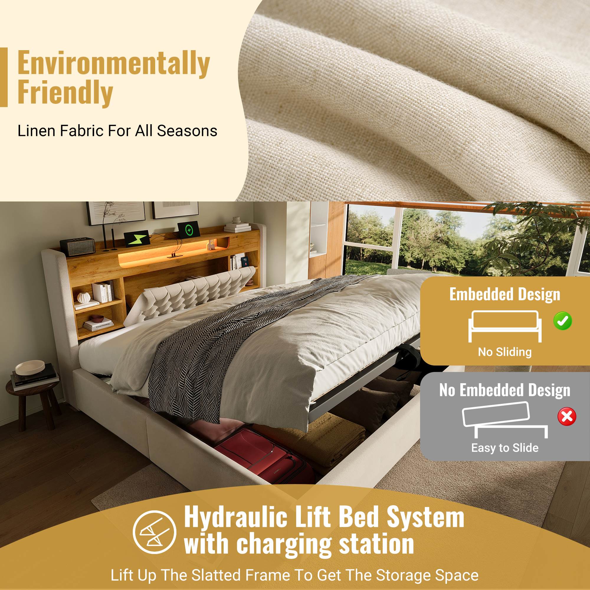 5ft King Bed With Hydraulic Storage, Upholstered Frame LED Lighting & Charging — image 4