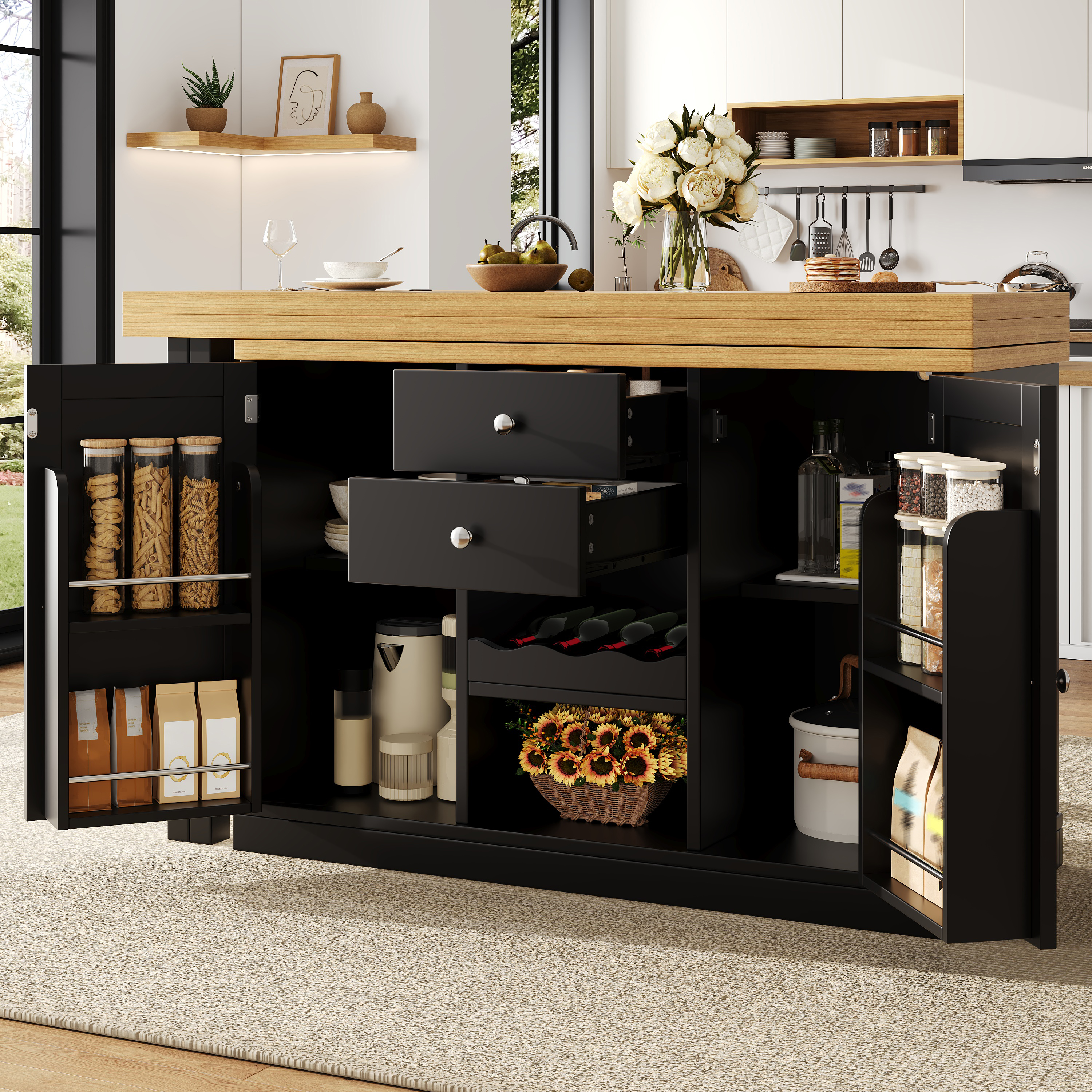 Extendable Sideboard & Dining Table Combo, 2 Drawers & Snack Rack, Space-Saving — image 3