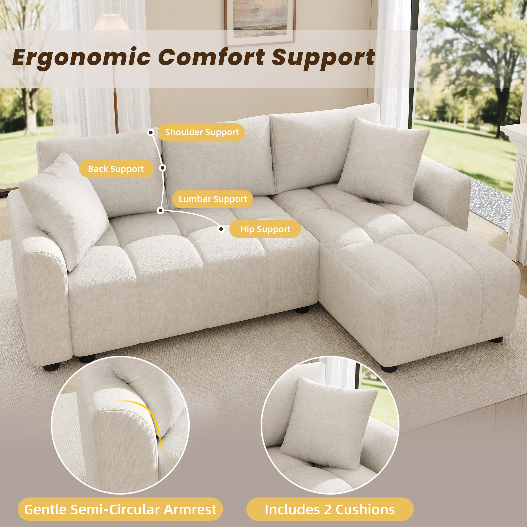 3-Seater Sofa, Convertible L-Shaped Corner Chenille Fabric, With Two Decorative — image 5