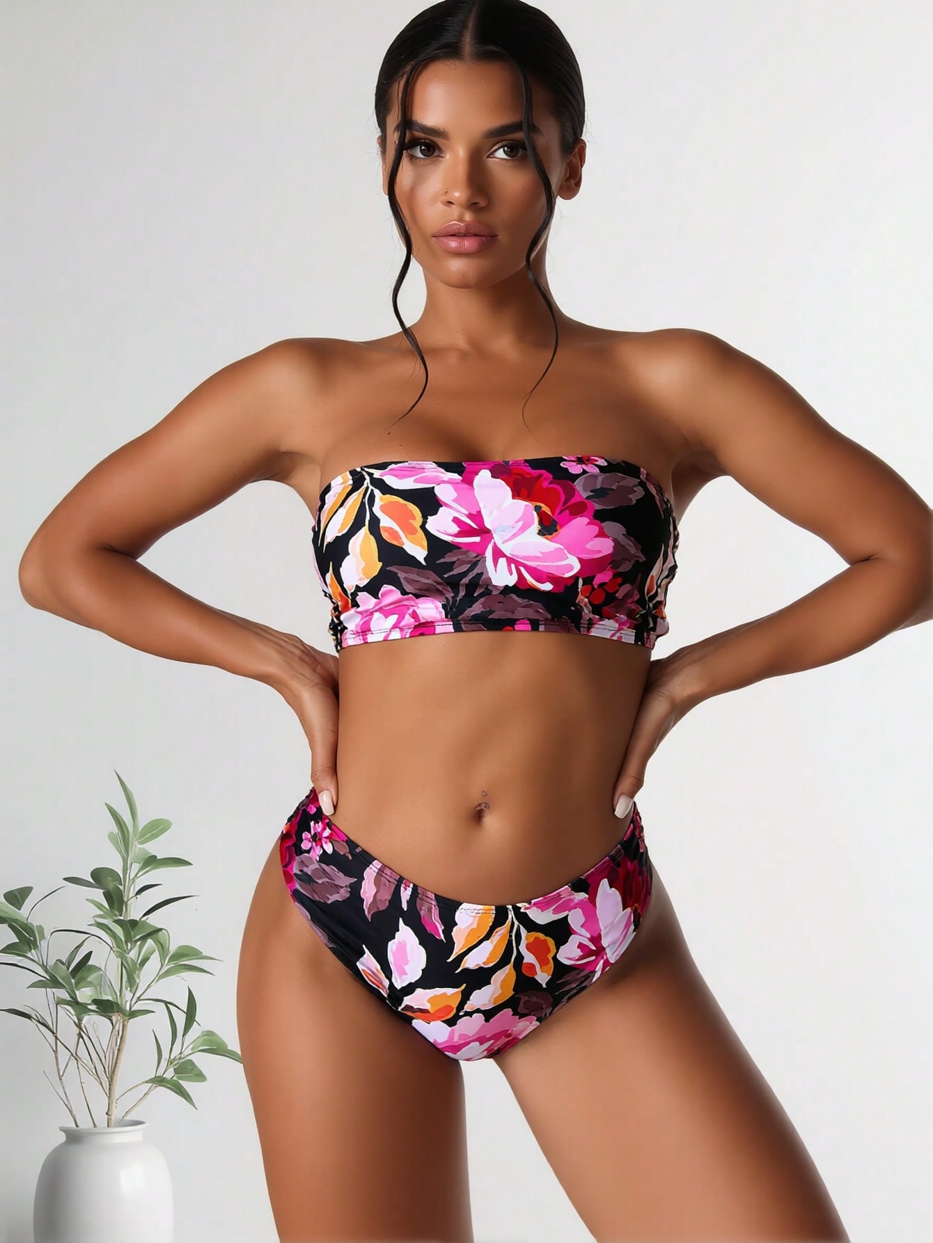 2026 New Floral Print Strapless Bandeau Bikini Set, High Waist Two-Piece Bathing Suit — foto 3