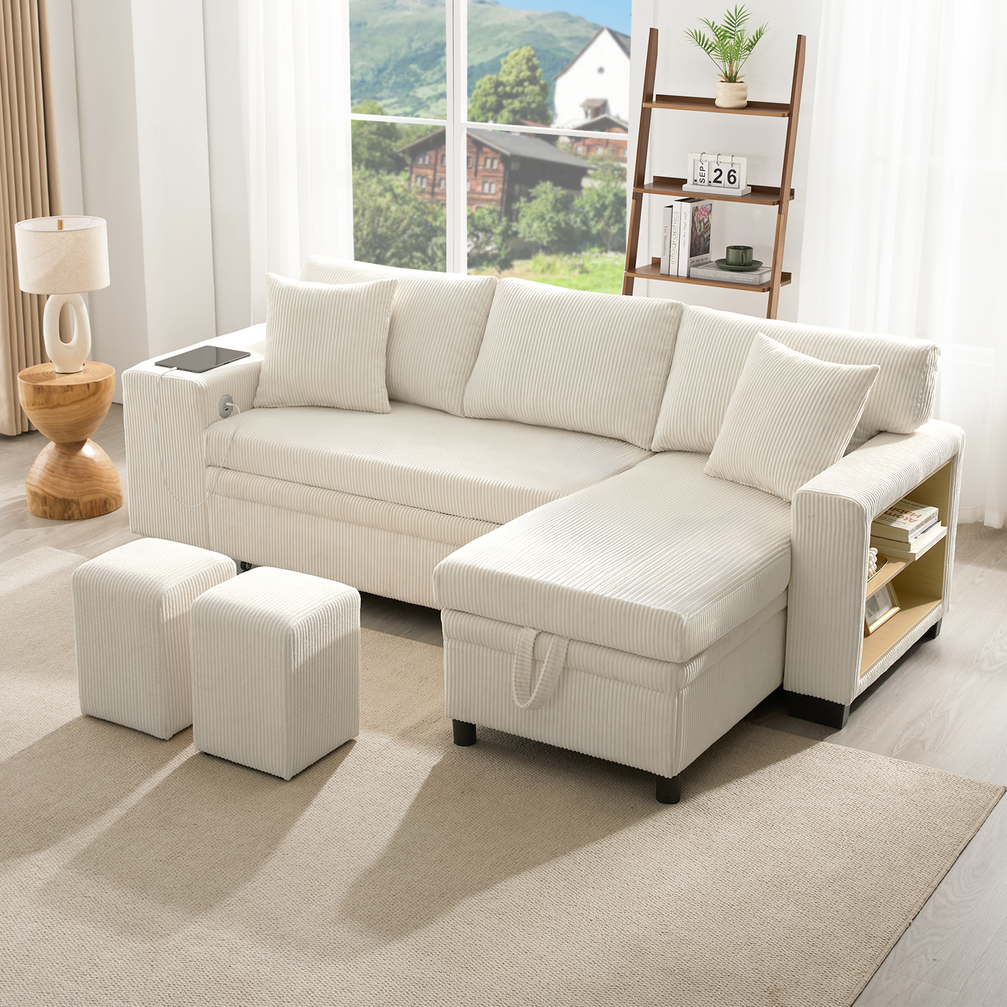 L Shaped Convertible Corner Sofa Bed With Pull Out Design, 2 Pillows & 2 — image 4