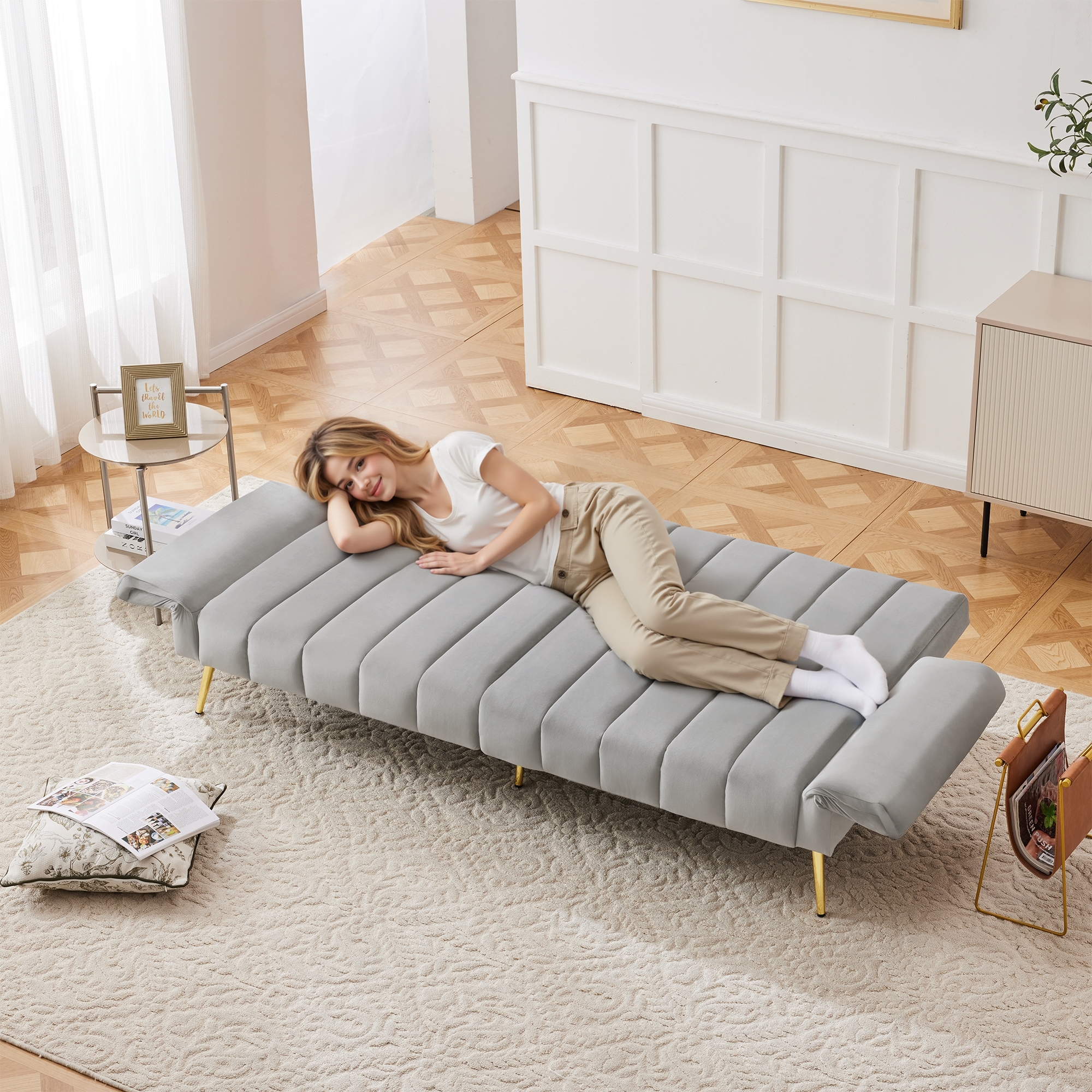 Modern Adjustable Velvet Sofa Bed With Multi Position Backrest & Armrests — image 4