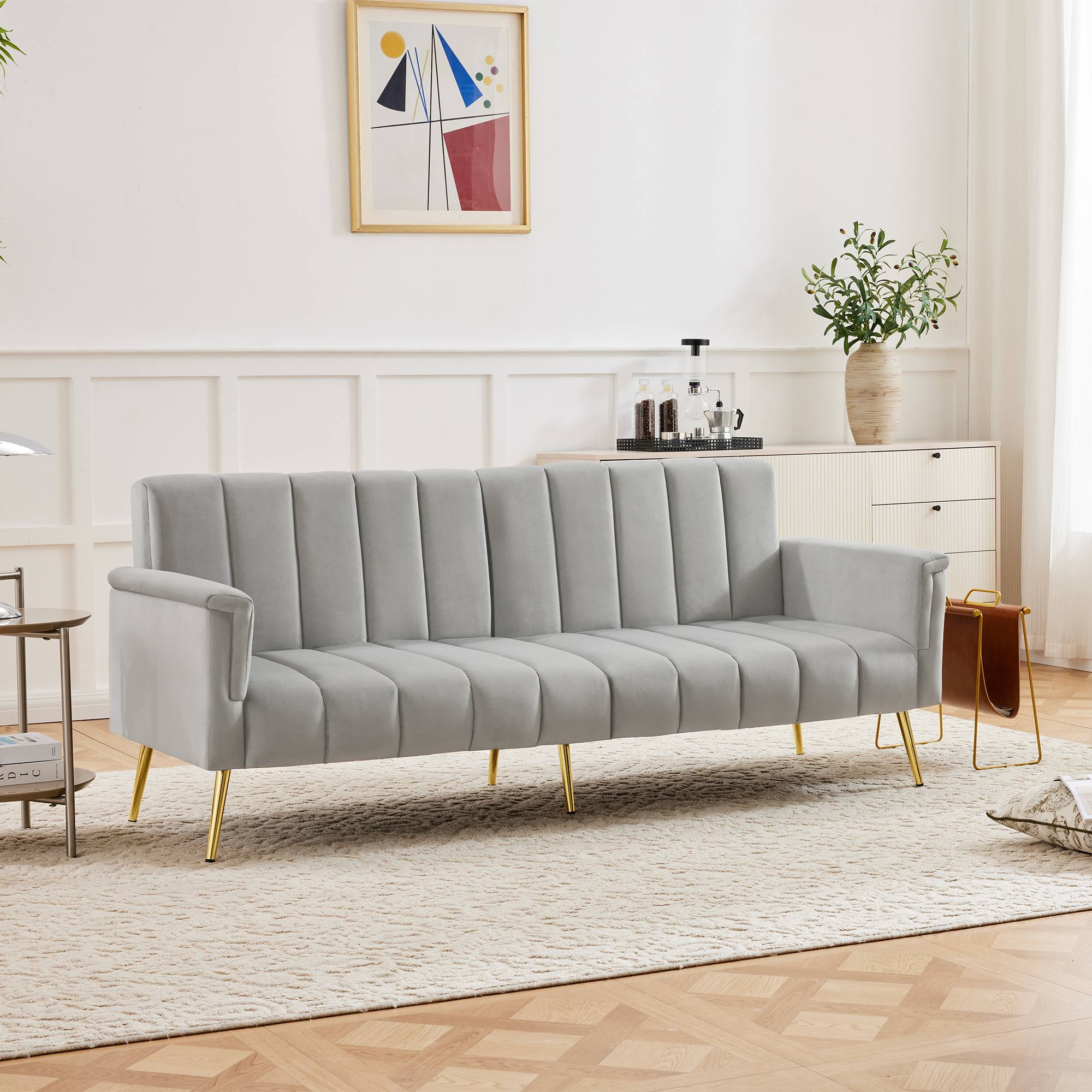 Modern Adjustable Velvet Sofa Bed With Multi Position Backrest & Armrests — image 2