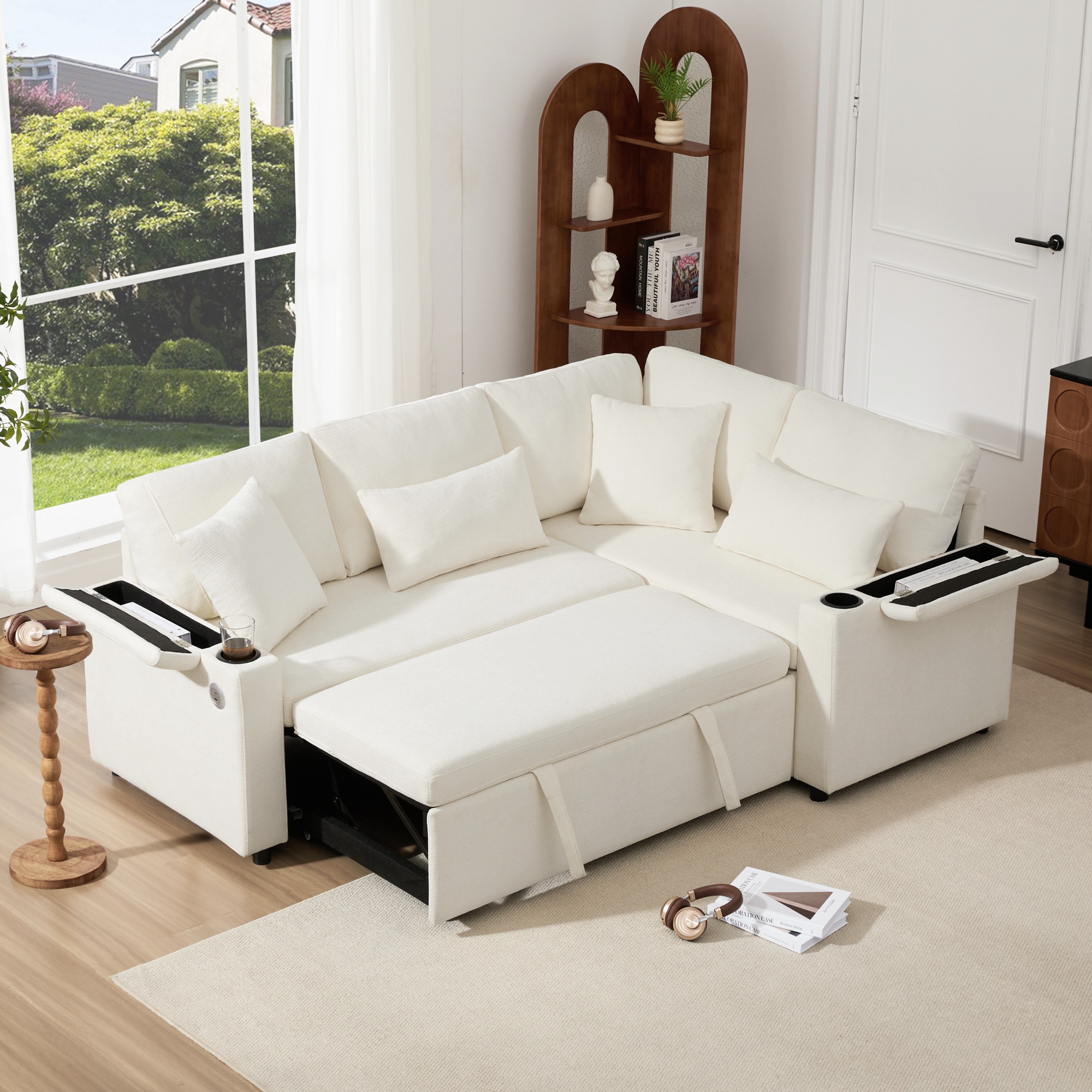 L Shaped Extendable Convertible Corner Sofa With Storage, Cup Holders, USB — image 5