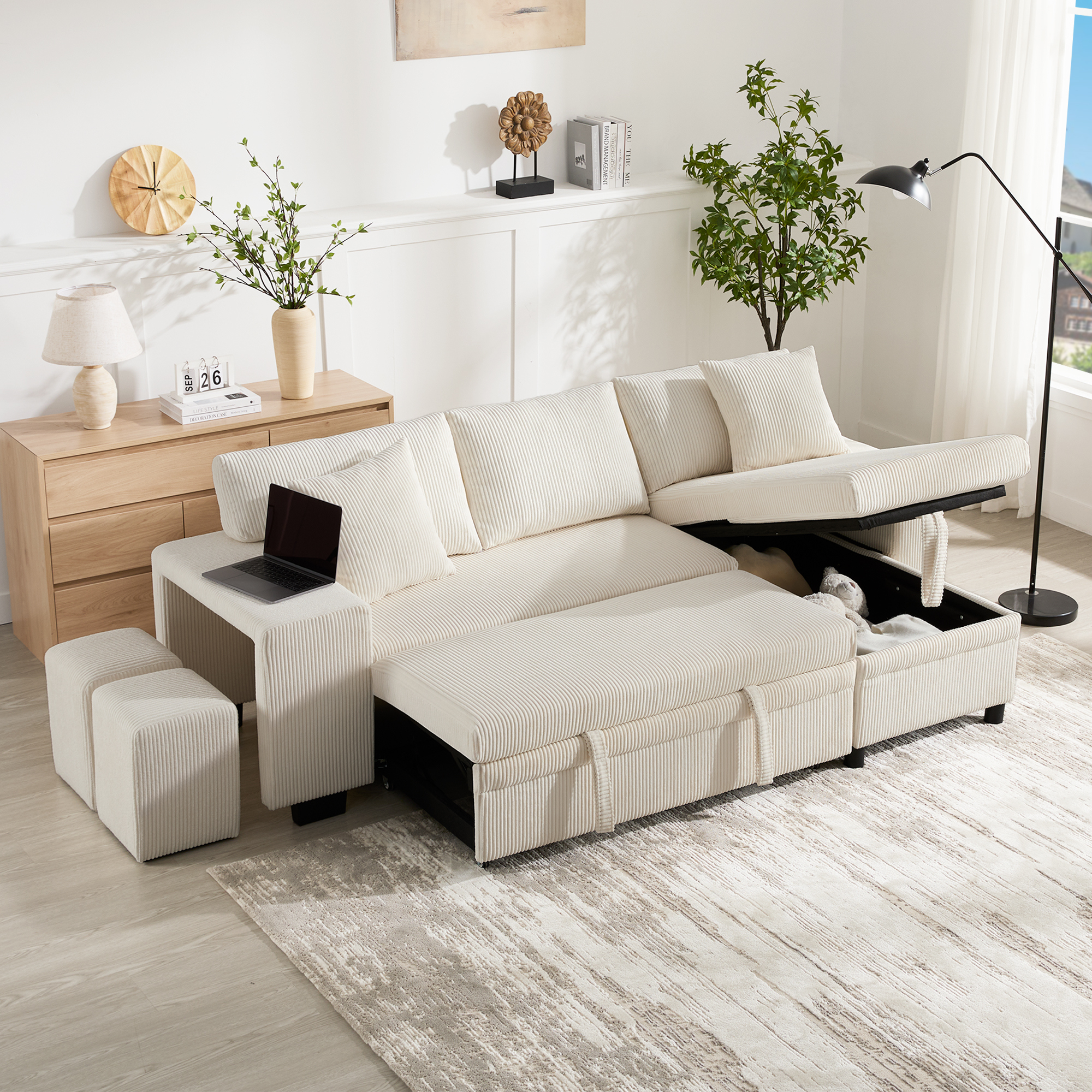 L Shaped Convertible Corner Sofa Bed With Pull Out Design, 2 Pillows & 2 — image 3