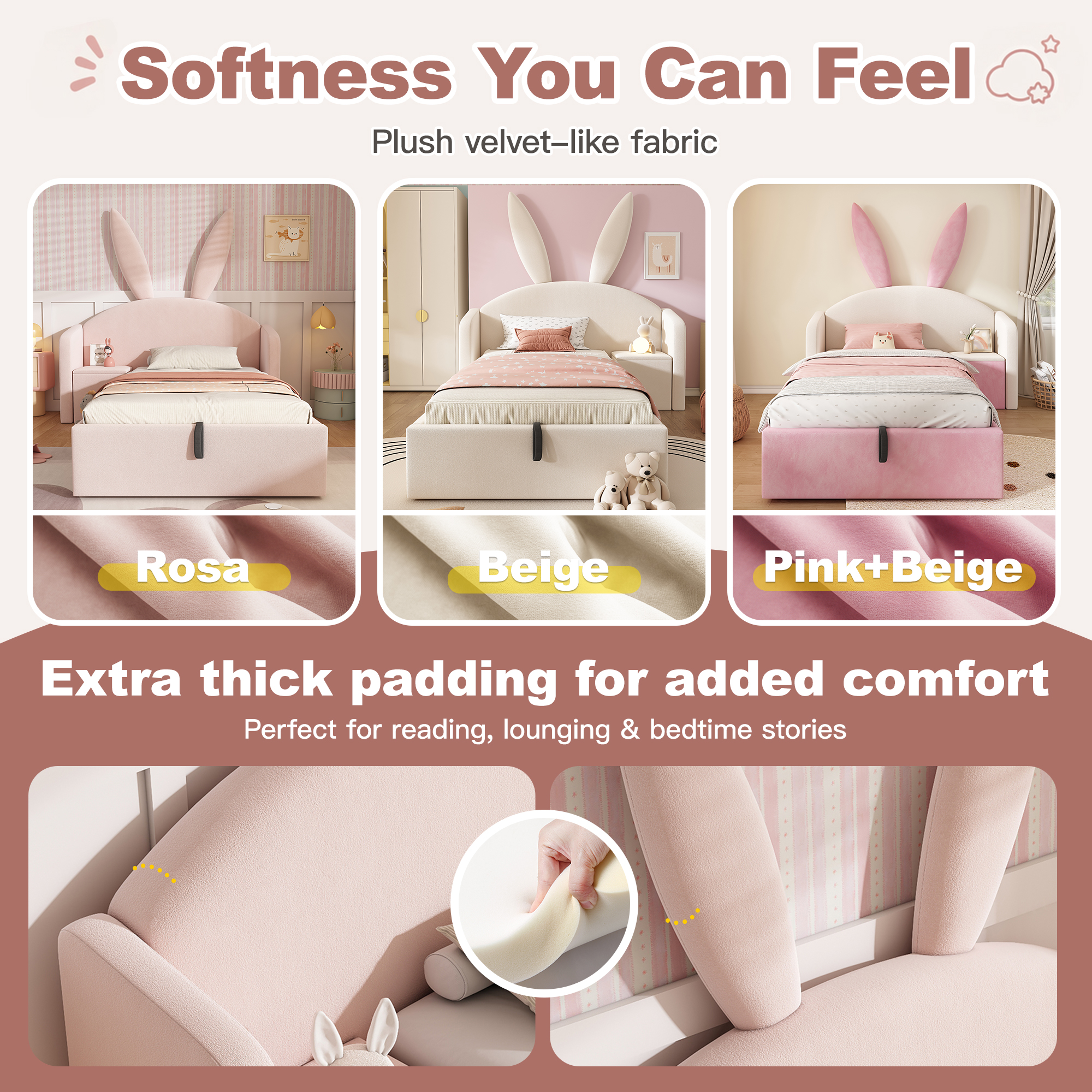 Bunny Ears Kids Bed, Single Upholstered With Hydraulic Storage & Nightstand — image 2