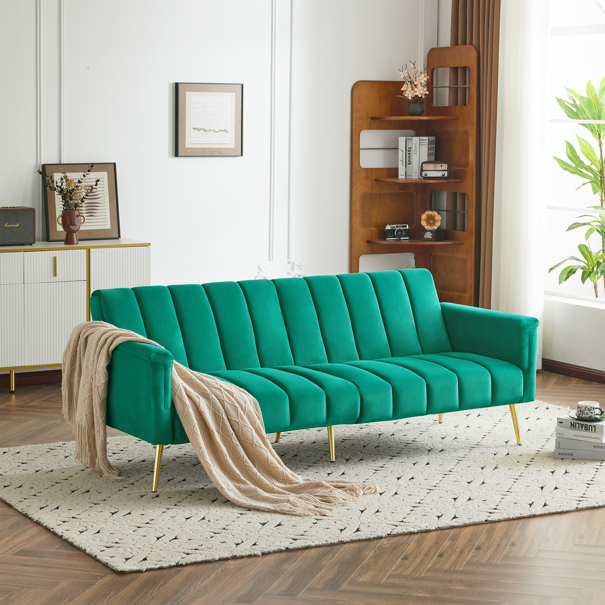 Modern Adjustable Velvet Sofa Bed With Multi Position Backrest & Armrests — image 3