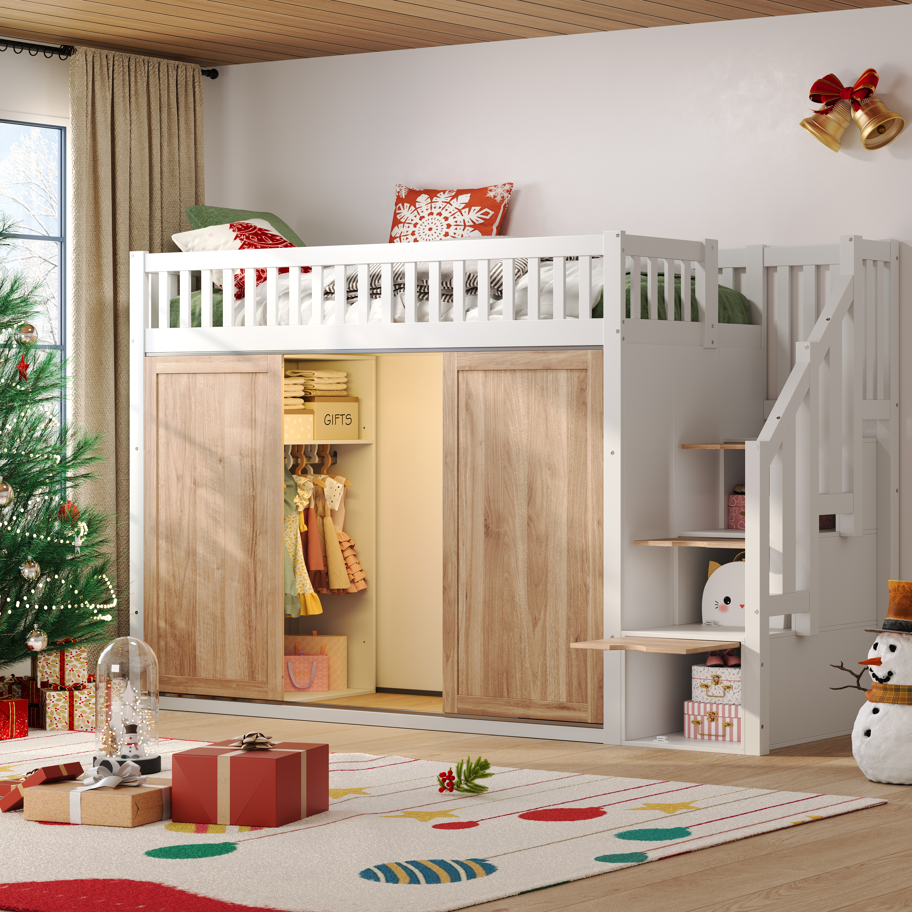 Loft Bed, Children S Wooden 3ft-90x190cm With LED Lighting, Storage Stairs — image 3