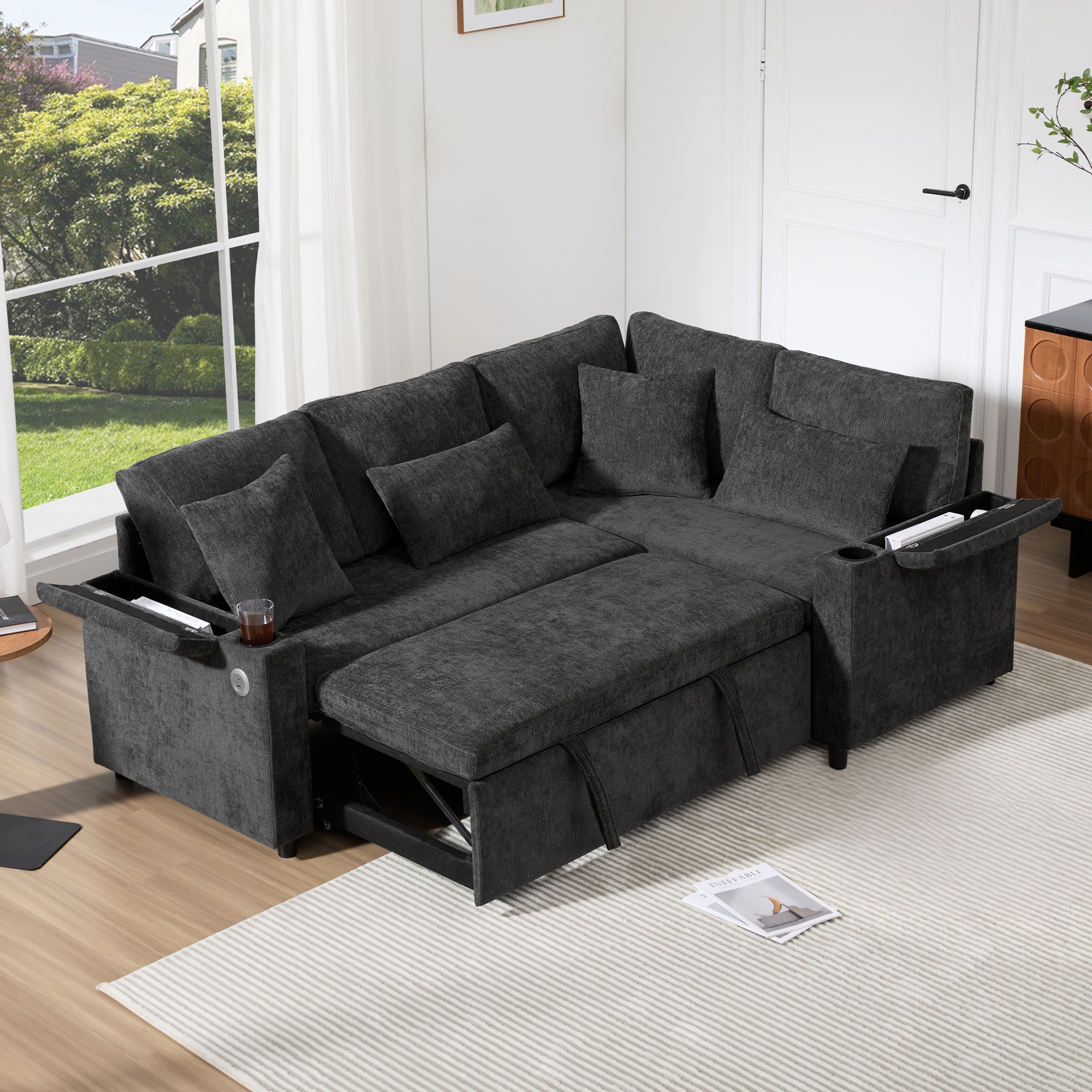 L Shaped Extendable Convertible Corner Sofa With Storage, Cup Holders, USB — image 3
