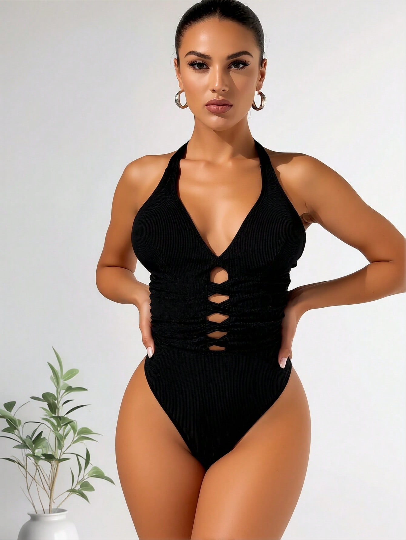 2026 New Ribbed Halter One-Piece Swimsuit, V Neck Front Lace Up Cutout Tummy Control Bathing Suit — foto 5
