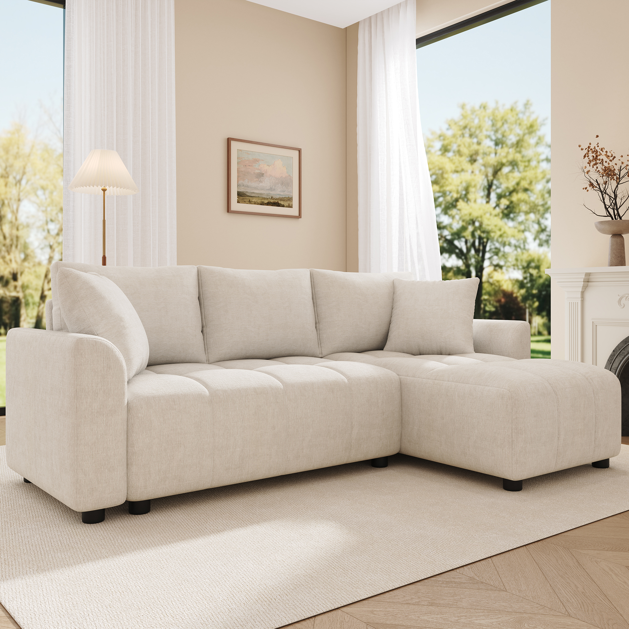 3-Seater Sofa, Convertible L-Shaped Corner Chenille Fabric, With Two Decorative — image 4