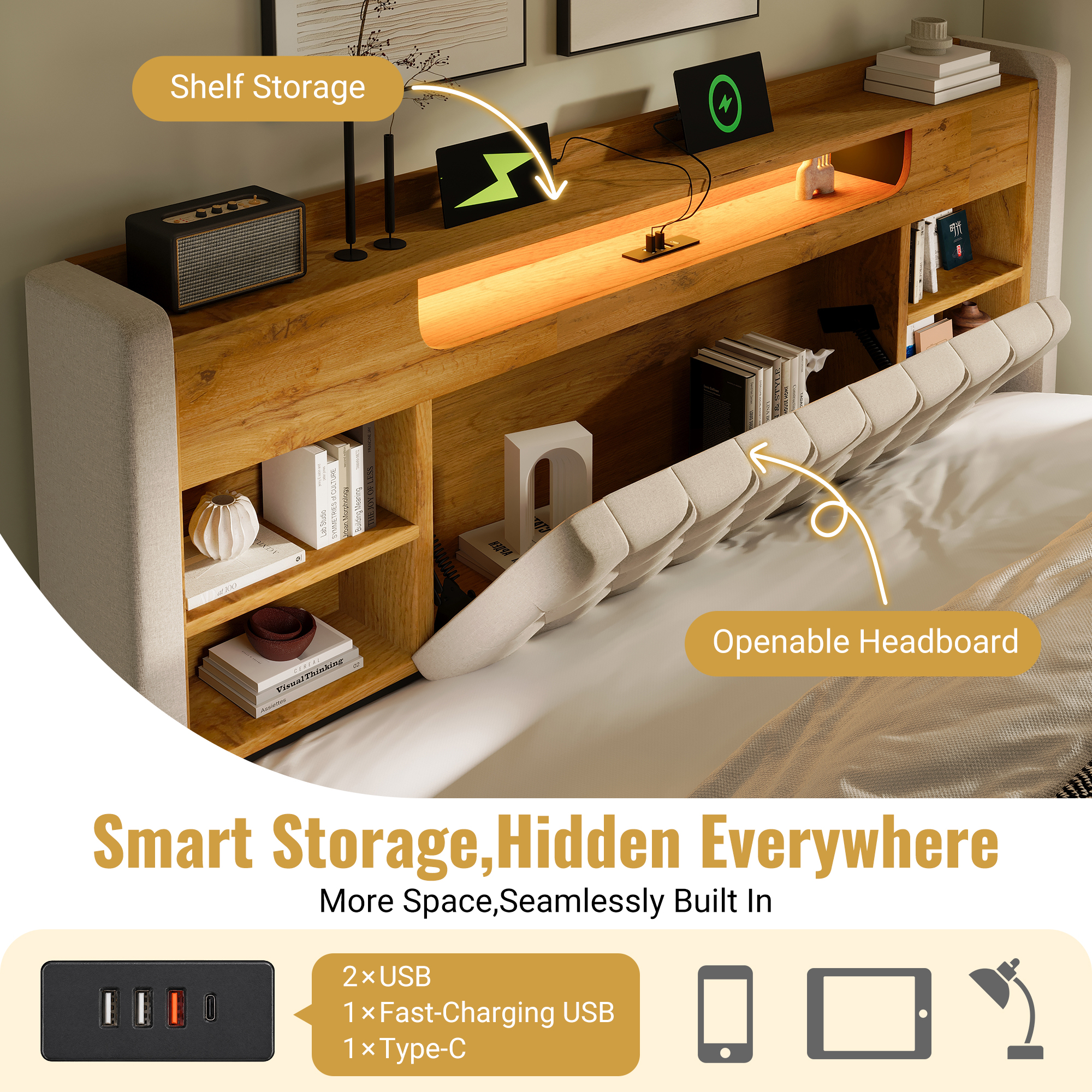 5ft King Bed With Hydraulic Storage, Upholstered Frame LED Lighting & Charging — image 2