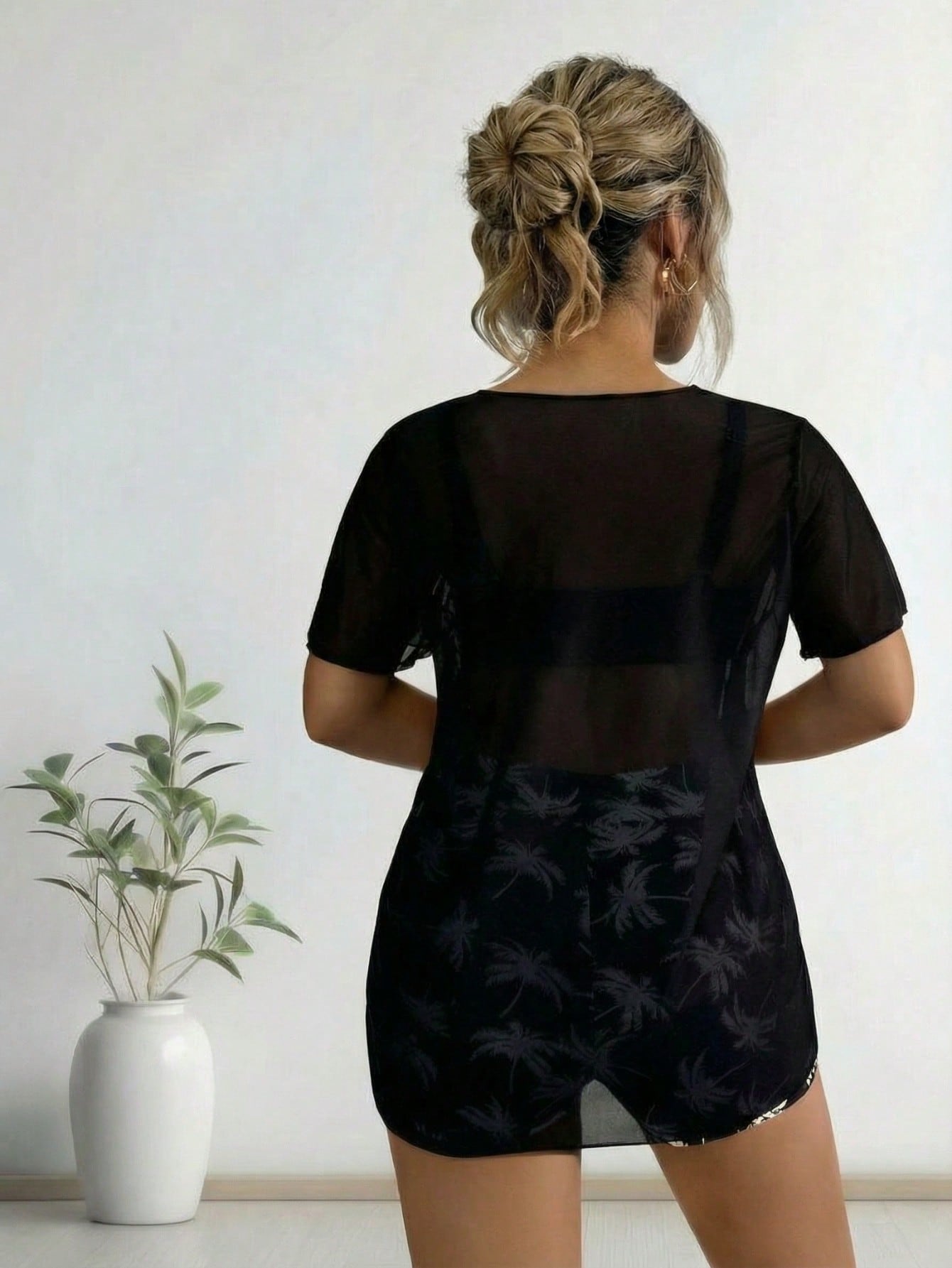 2026 New Coconut Tree Print 3 Piece Set, Sheer Mesh Cover Up & Print Skirted Bottom & Shorts, Vacation Casual Swimwear Set — foto 2