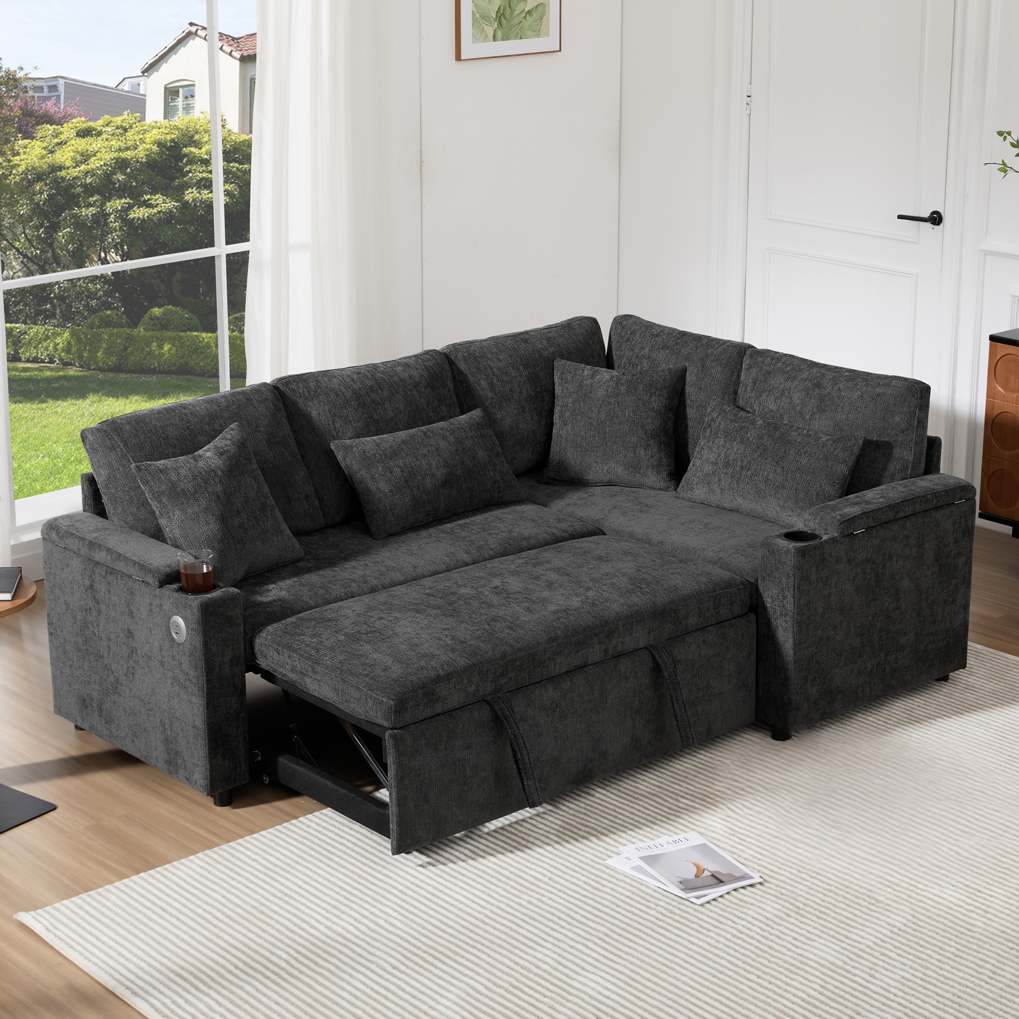 L Shaped Extendable Convertible Corner Sofa With Storage, Cup Holders, USB — image 4