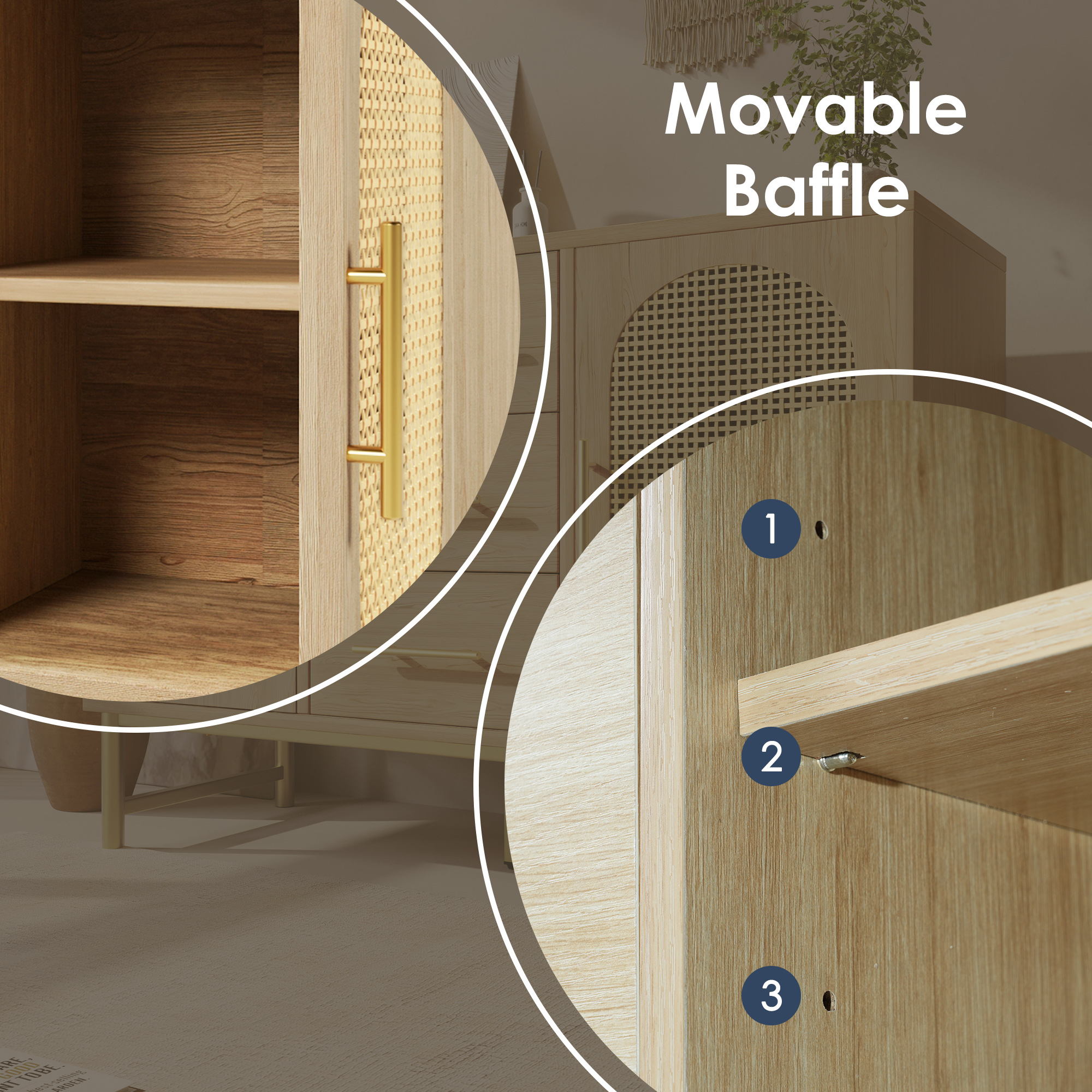 Rattan Sideboard Storage Cabinet With 2 Doors 3 Drawers, For Living Room — image 4
