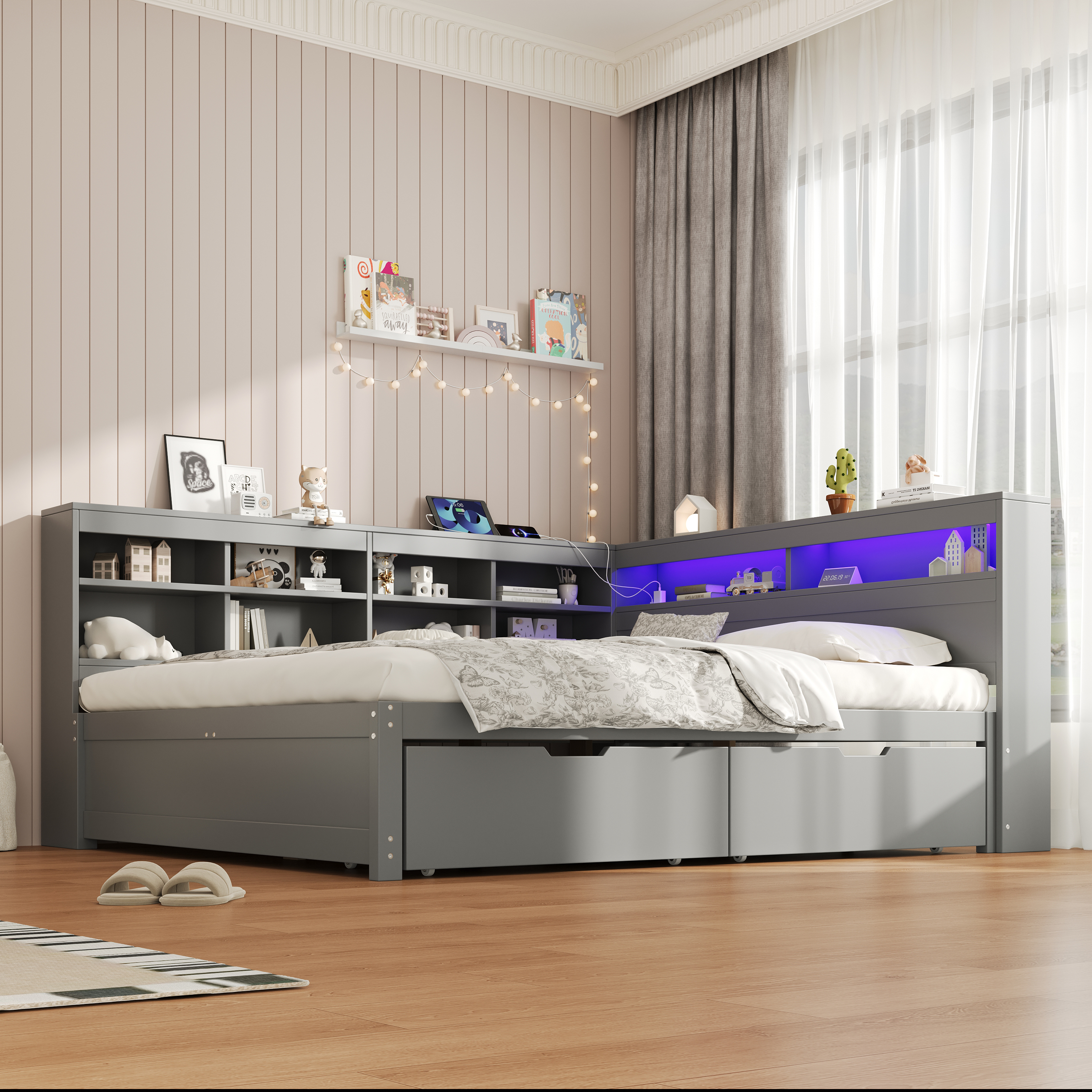 4ft6 Double Daybed With Two Storage Drawers And Beside LED Modern Bed Frame — image 4