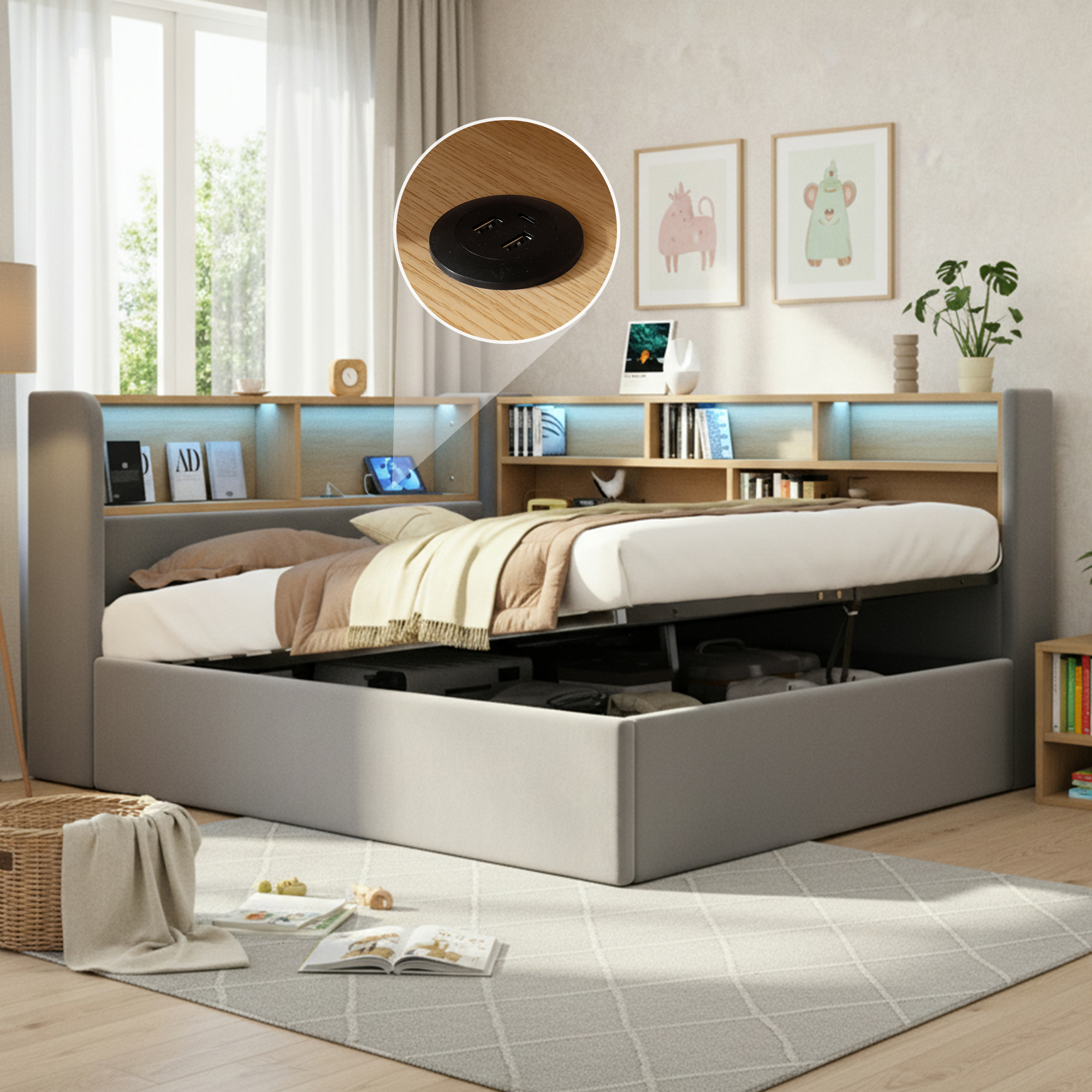 Daybed 140x200 Cm With Hydraulic Storage, Upholstered Bed, Daybed, Sofa Bed With LED, USB & Backrest, Velvet, Grey