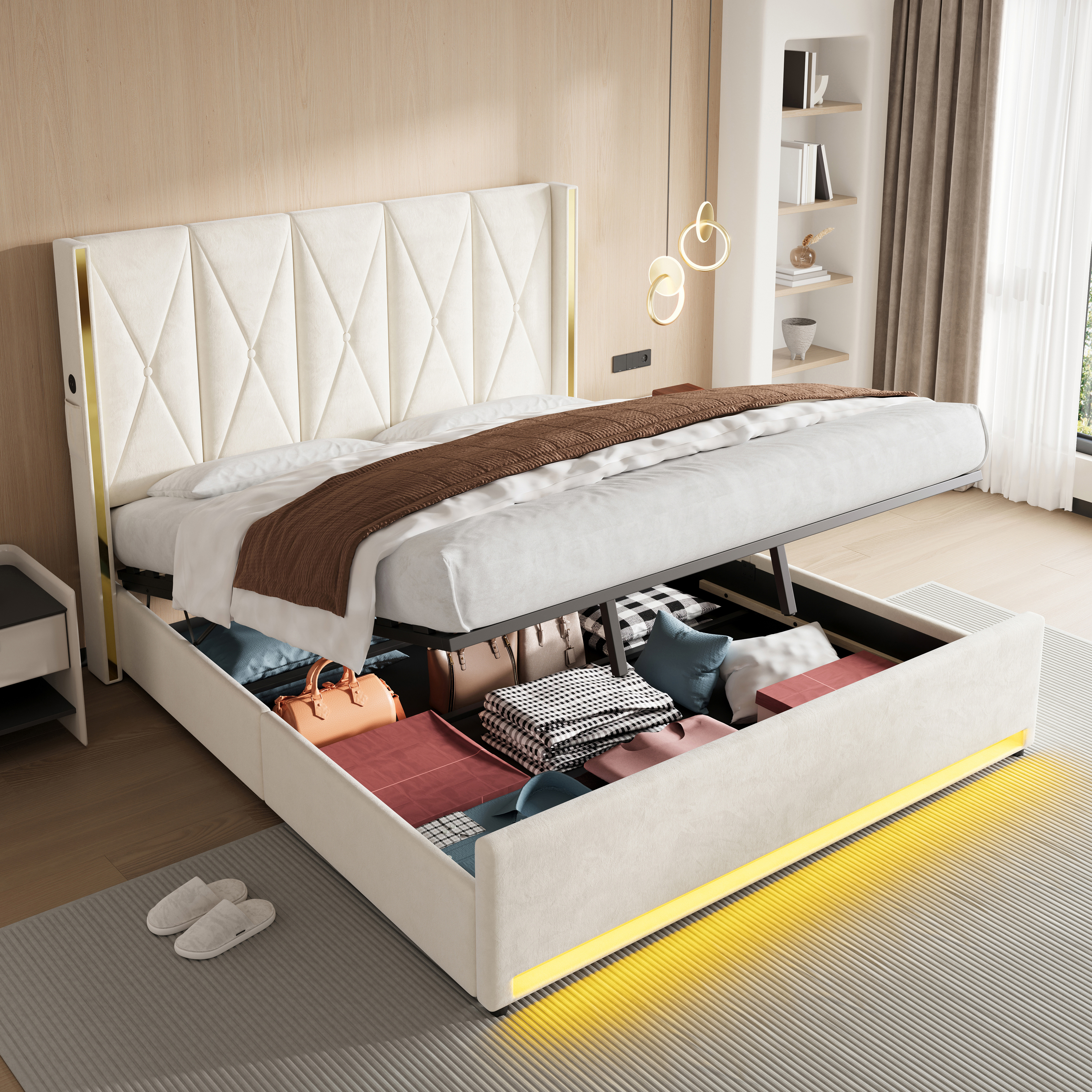 Velour Bed With High, Softly Padded And Quilted Headboard, Side Pockets, USB & LED, Hydraulic Lever System & Large Underbed Storage Space  Combines Design, Comfort And Practicality.180x200cm