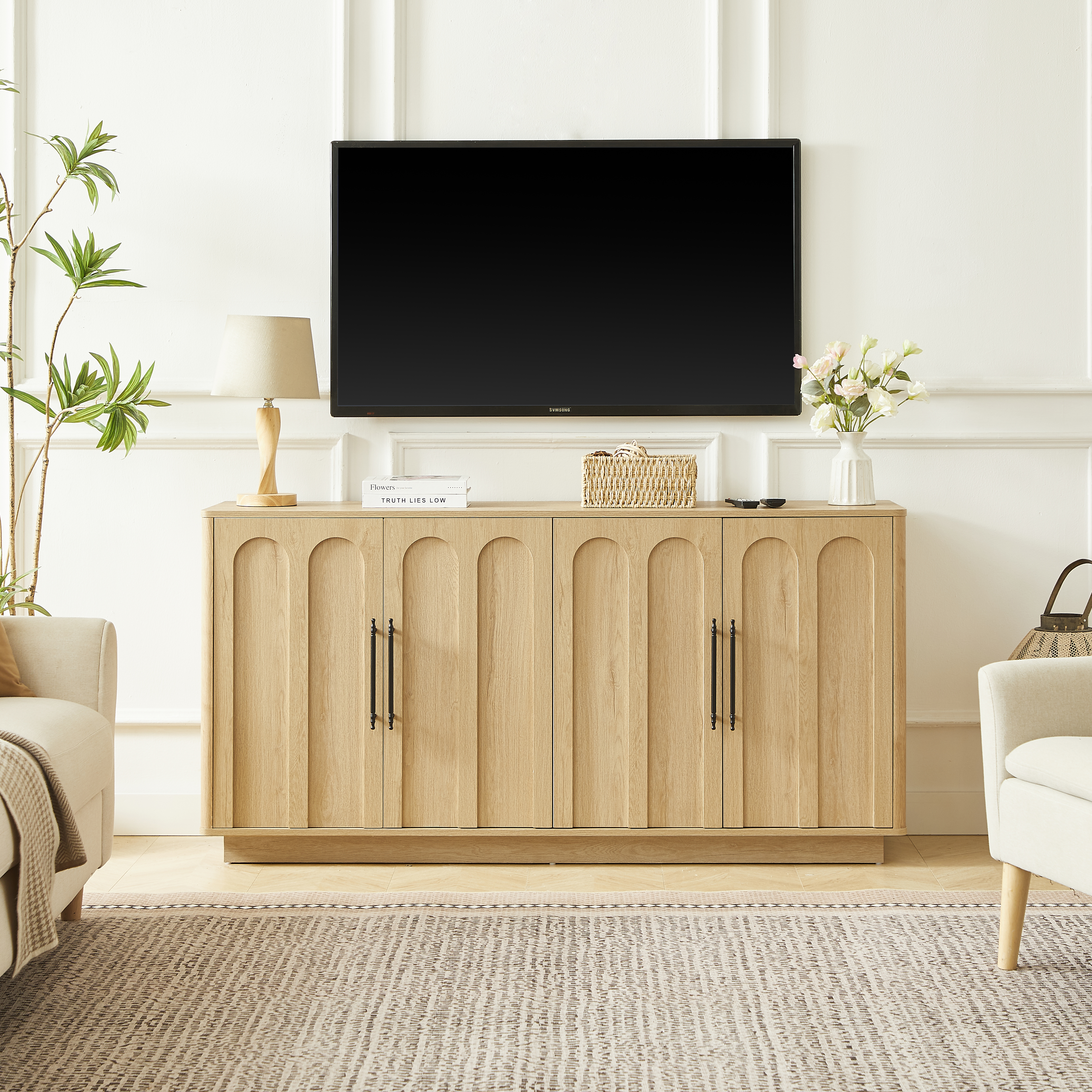 Arched Front Sideboard With 4 Doors, Soft-Close Hinges & Anti-Tilt Protection, 160cm Wide Storage Cabinet For Living Room & Dining Room, Wood Color