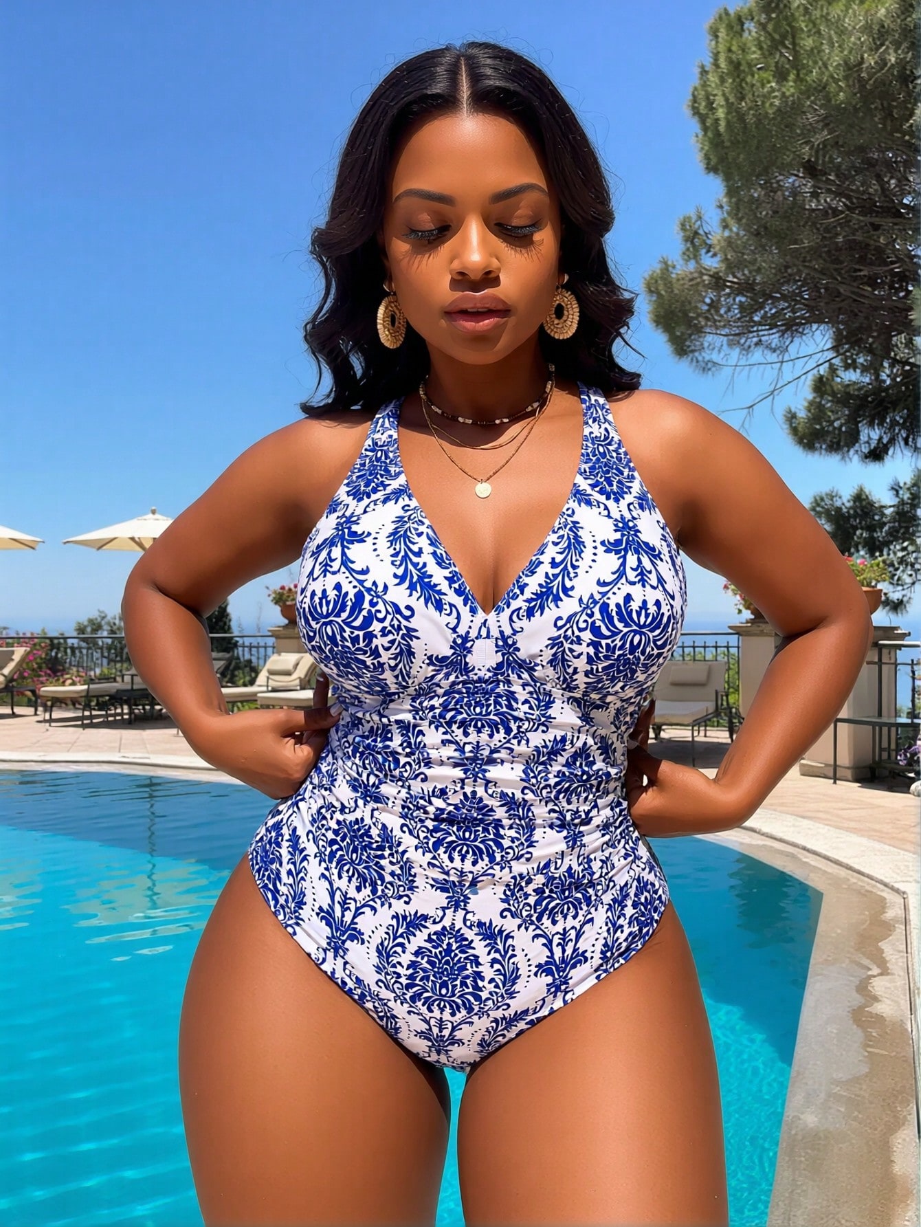 Blue And White Porcelain Print Halter One Piece Swimsuit — foto 3