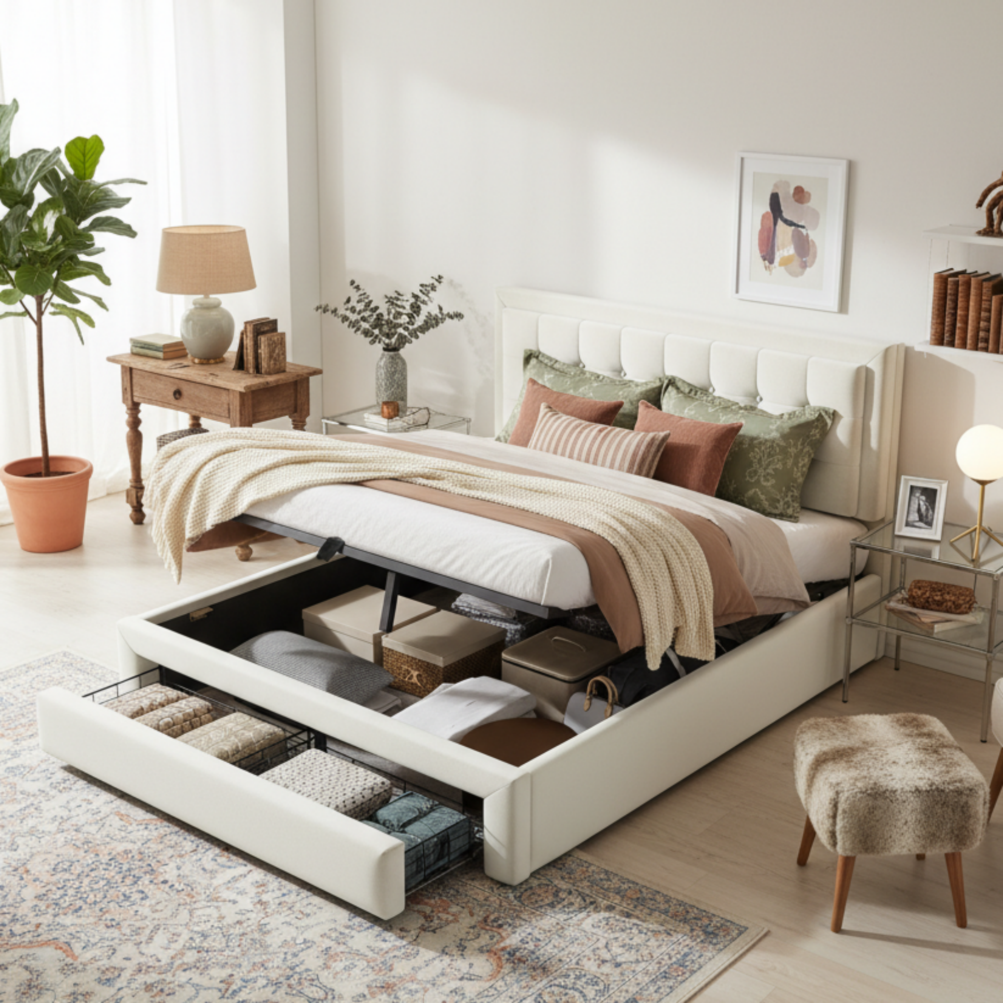 Upholstered Bed 140x200 With Slatted Base And Headboard, Storage Bed, Hydraulic Upholstered Bed, Double Bed, With 2 Drawers, Wooden Slatted Support, Velvet, Beige