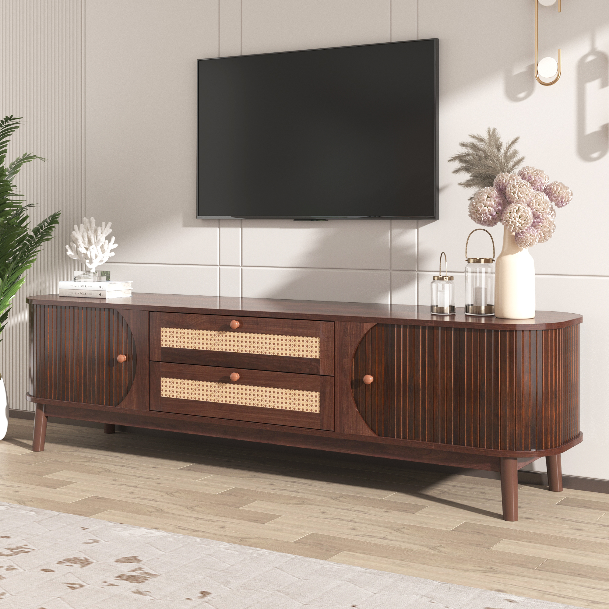 Natural Wood Veneer TV Cabinet Equipped With Doors And Drawers, Rattan Panel Side TV Stand. Multi-storage Furniture, Natural Country Rustic Style.