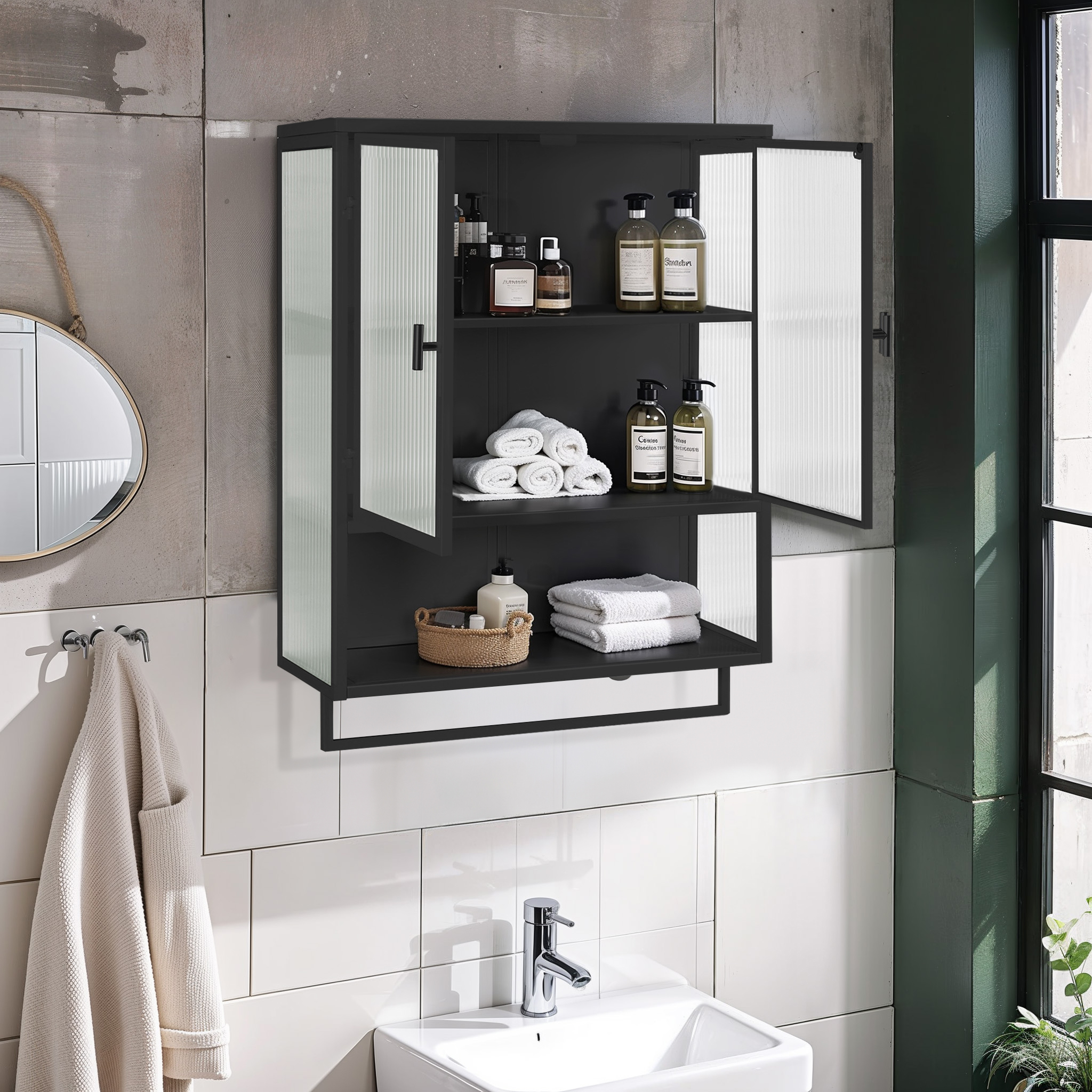 60CM Glass Doors Modern Two-door Wall Cabinet With Featuring Two-tier Enclosed Storage, An Open Shelf, And Towel Rack, For Entryway Living Room Bathroom Dining Room,Black