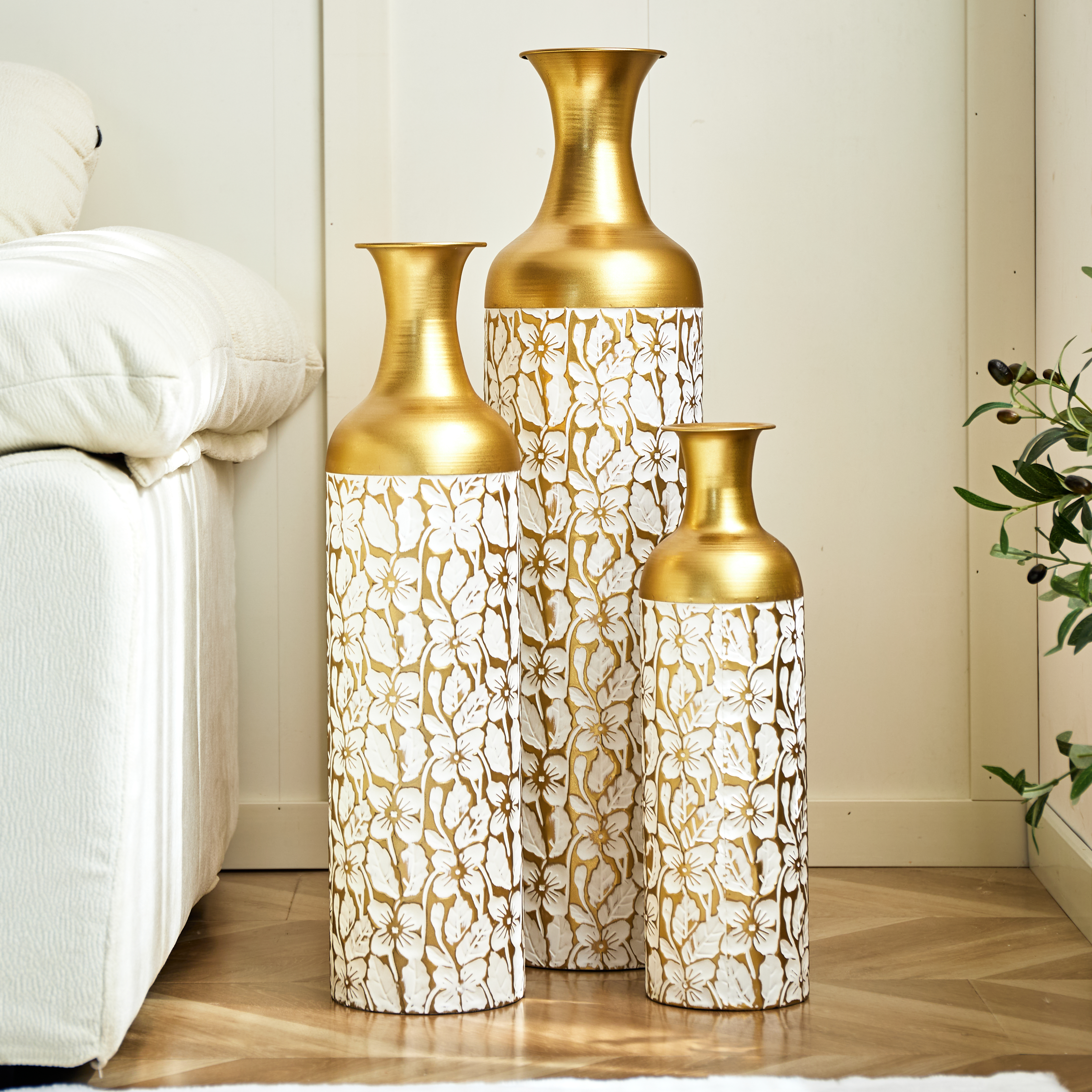 Floor Vase Large Set 3 Pcs. In Gold White  50 66 85 Cm - Large Decorative Floor Vases With Floral Pattern, Metal Planter For Living Room Decoration, I