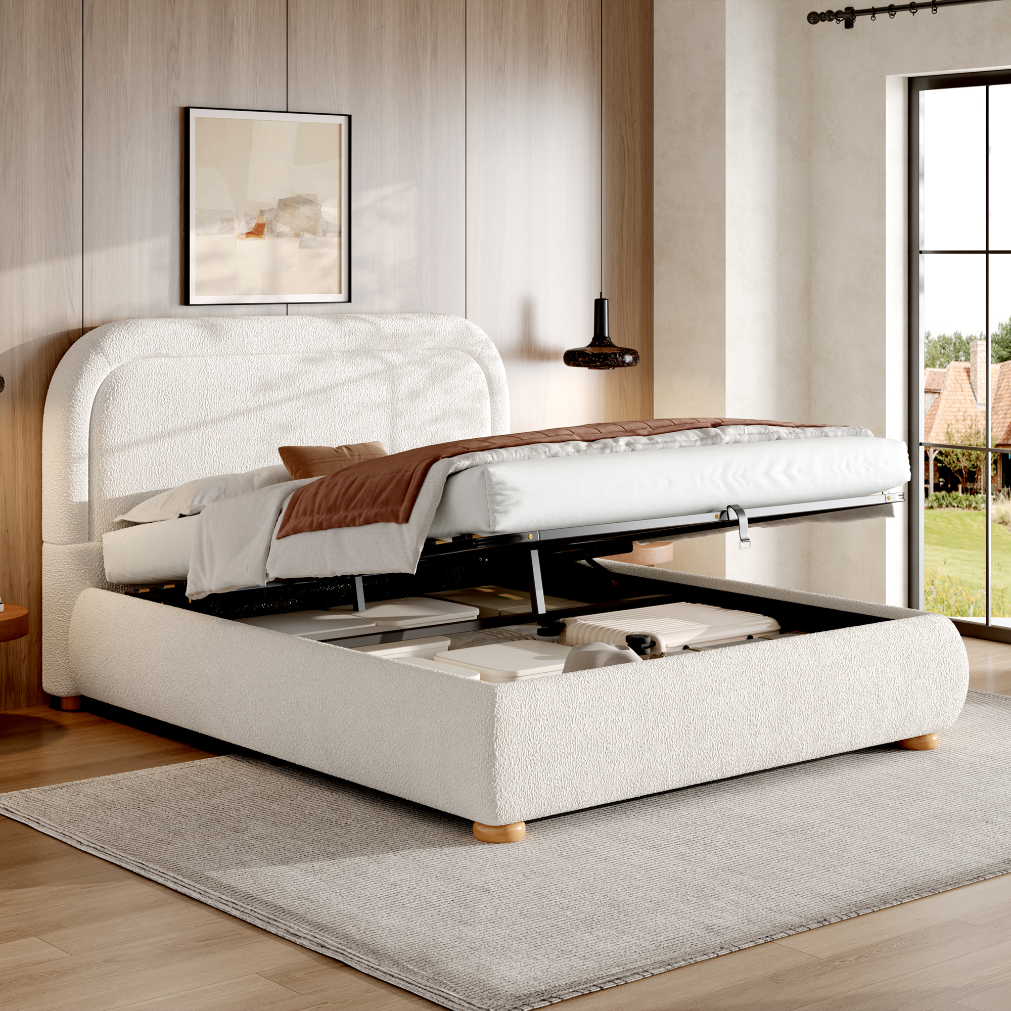 Upholstered Bed, Double Bed, 160x200cm, Hydraulic Functional Bed, Bed With Slatted Base, Headboard And Large Storage Space, Upholstered Headboard, White Boucle