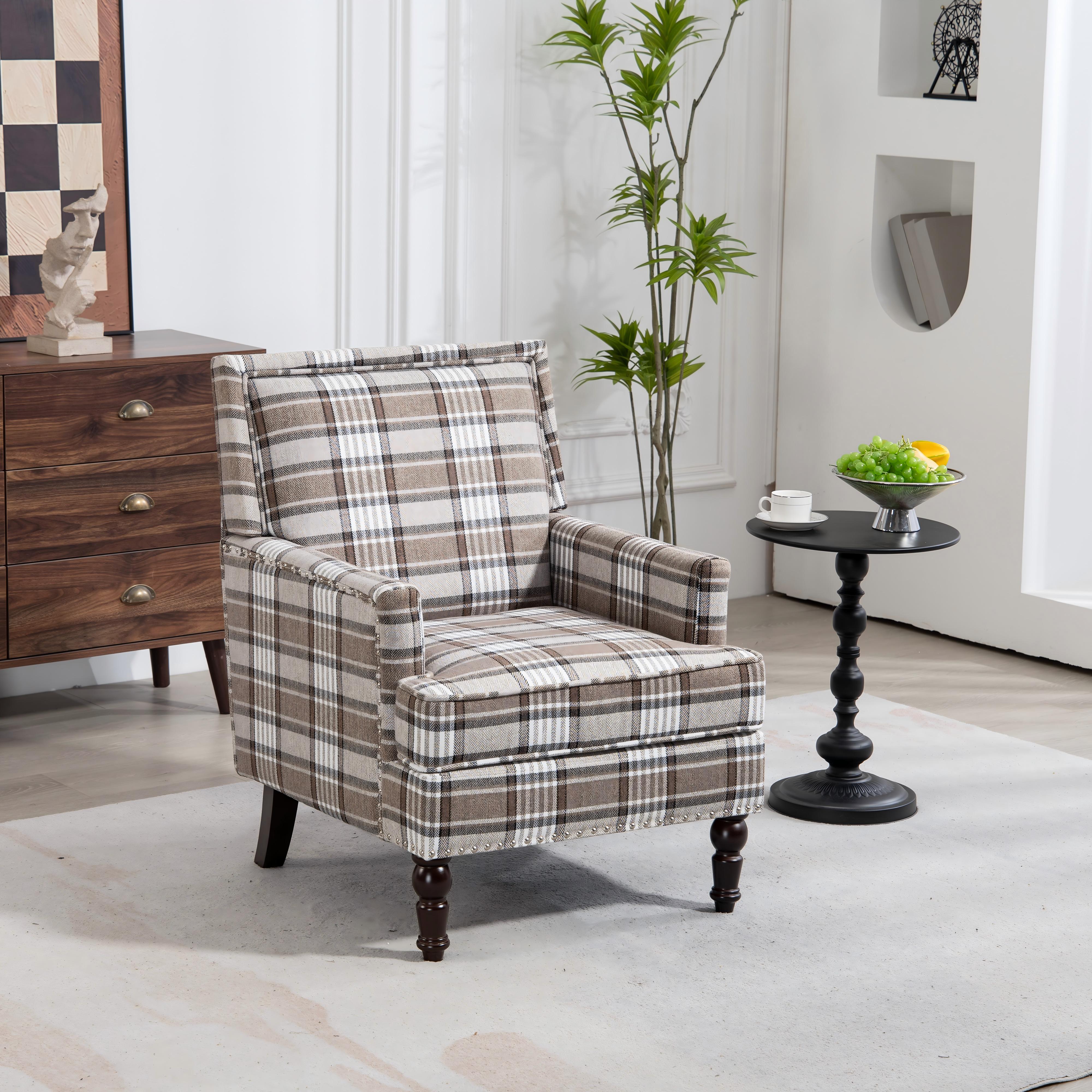 S001, Upholstered Accent Armchair, Vintage Armchair With Brown Linen Fabric And Decorative Nails For Living Room