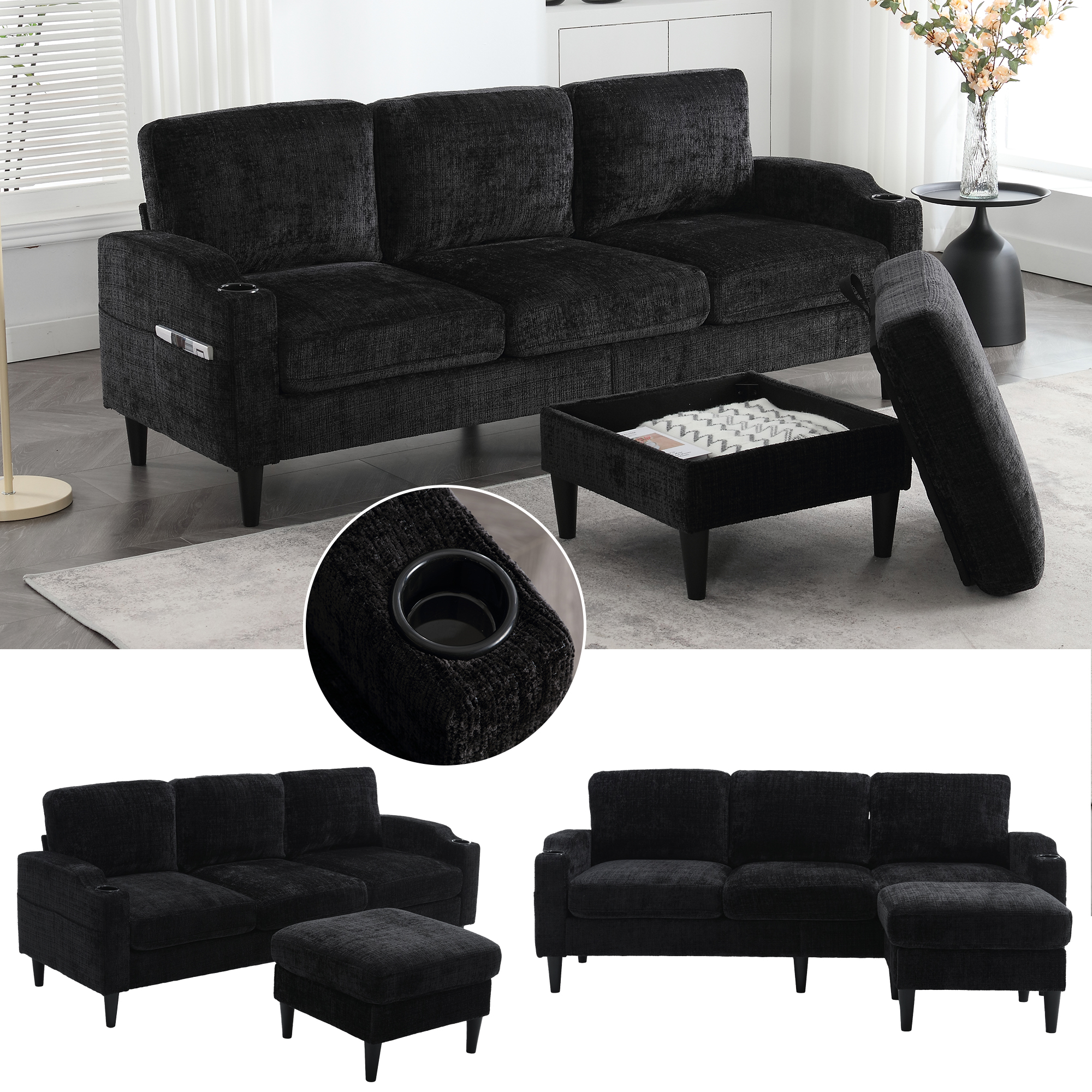 Elegant Sofa With Stool & Storage  4-seater With Comfortable Armrests, Cup Holder, Side Pockets & Sturdy Plastic Feet, Velvet Cover For Skin-friendly Comfort