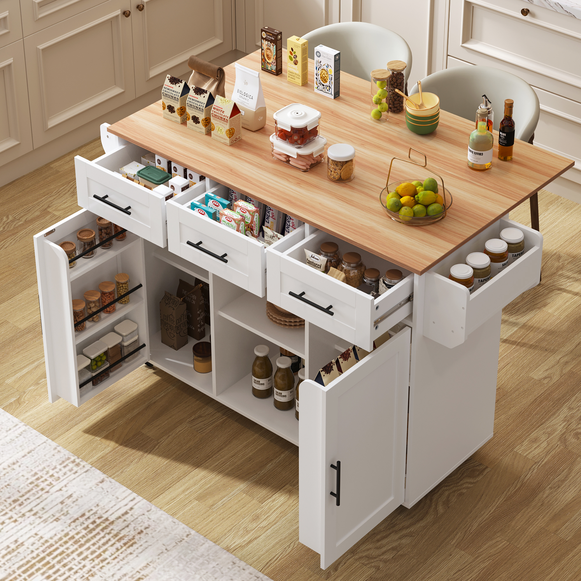 139x46 X91.5 Cm Large Dining Trolley Sideboard, White Body  Solid Wood Grain Worktop, Foldable Worktop, Storage Door, Castors, Interchangeable Solid Wood Feet, Suitable For Dining Room, Kitchen