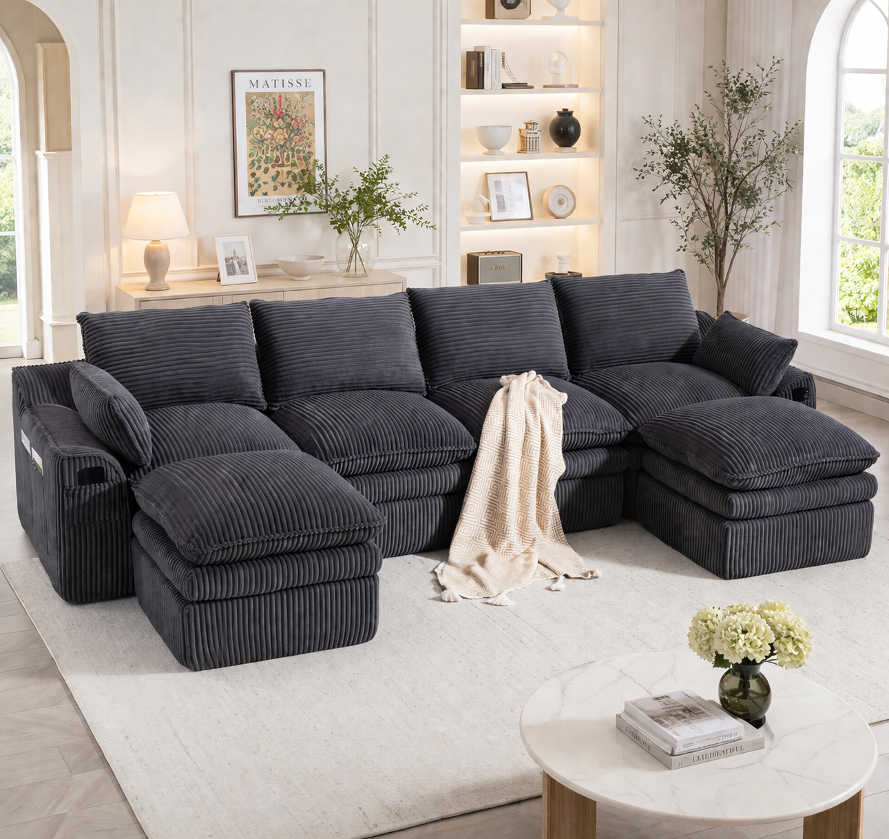 Modular 4-seater Corduroy Sofa With 2 Ottomans, Complete With Throw Pillows And 2 Side Storage Pockets. Constructed With Three-layer Foam And Spring Core For Quick Rebound. Freely Combinable Design, P