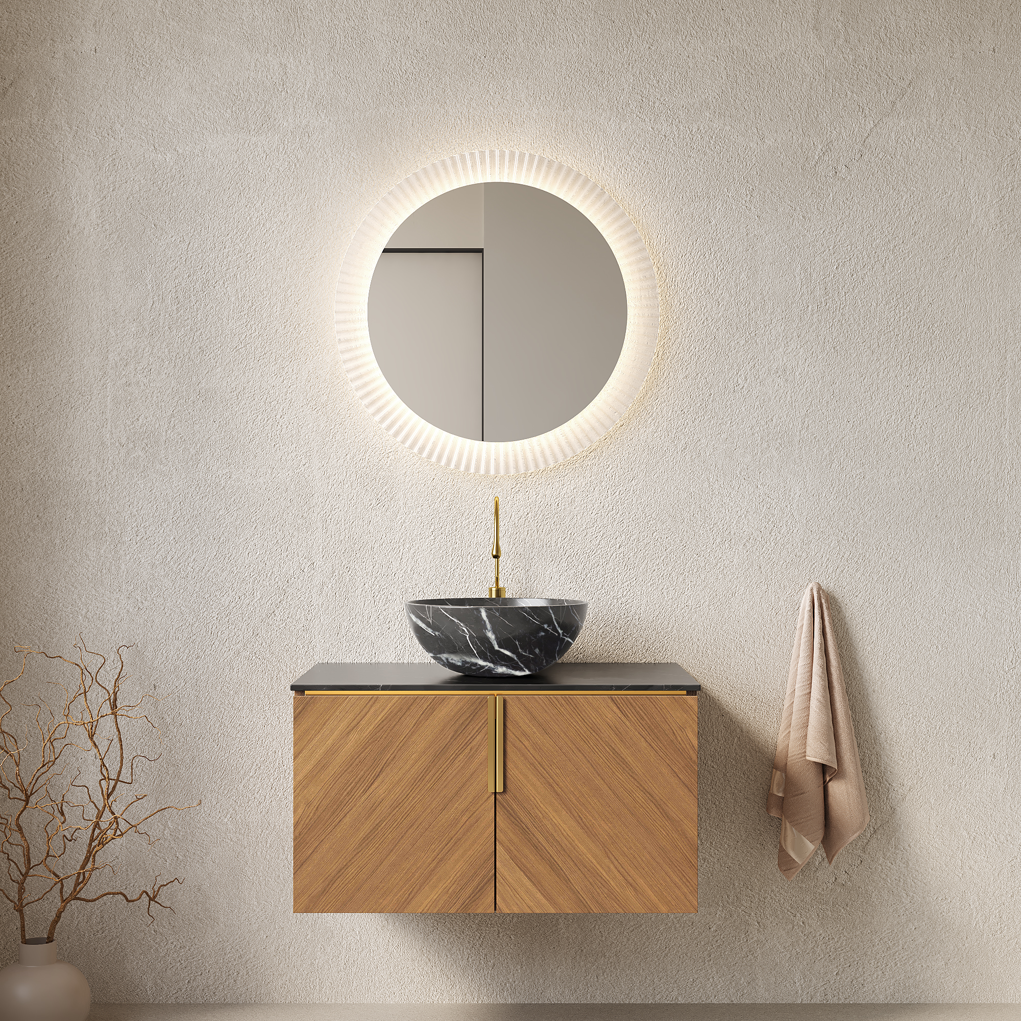 76cm Wall Mount Bathroom Vanity With Black Bowl Ceramic Basin With Stone Pattern, Black Sintered Stone Countertop, Plywood Cabinet With 2 Doors, Brown