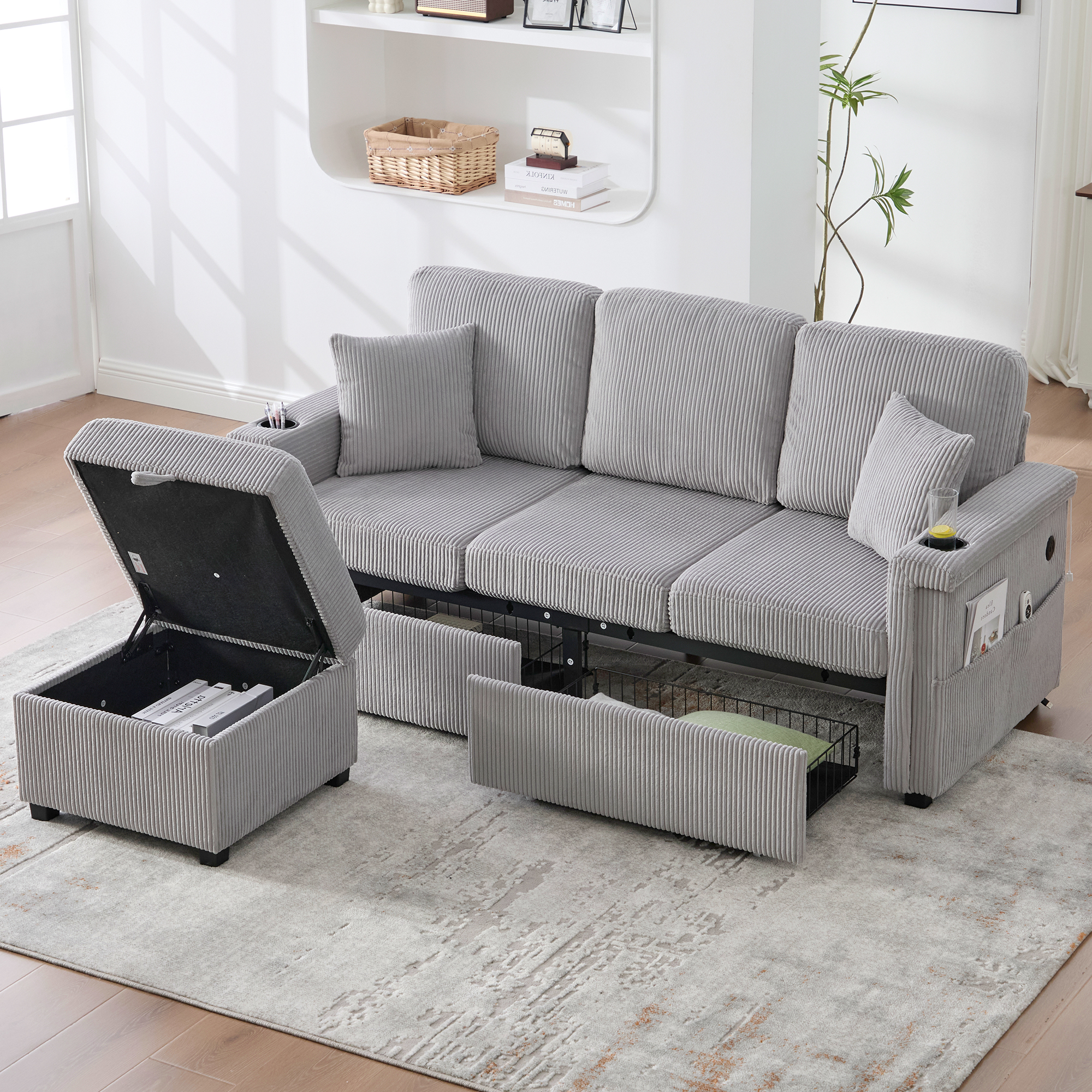 High-quality Velvet Sofa With LED Lighting & USB-C Port, Including Storage Footboard, Practical Cup Holders And Side Pockets  Premium Quality For The Living Room, Bedroom Or Office. Light Grey