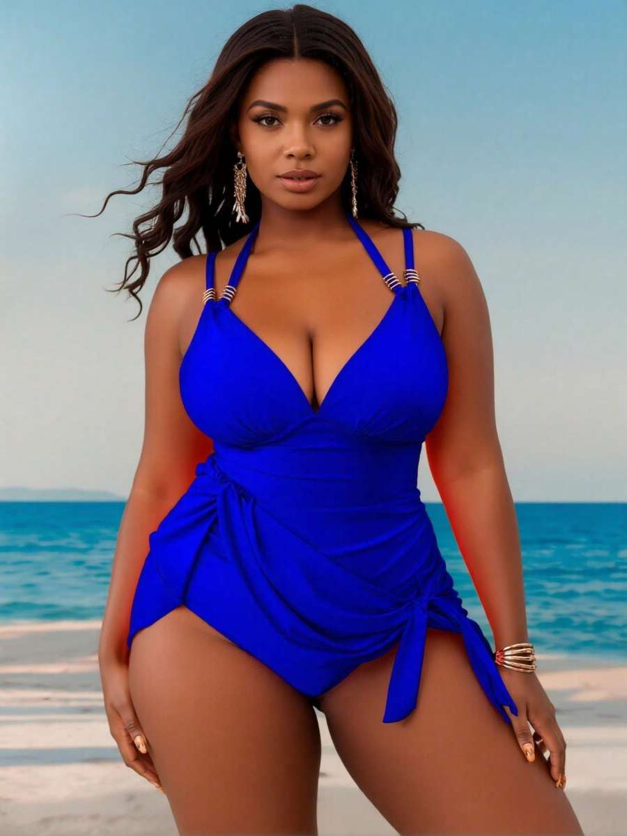 2026 New Solid Halter One-Piece Swimsuit, Deep V Push-Up & Side Strap, Modest Tummy-Hiding Slimming Swimwear